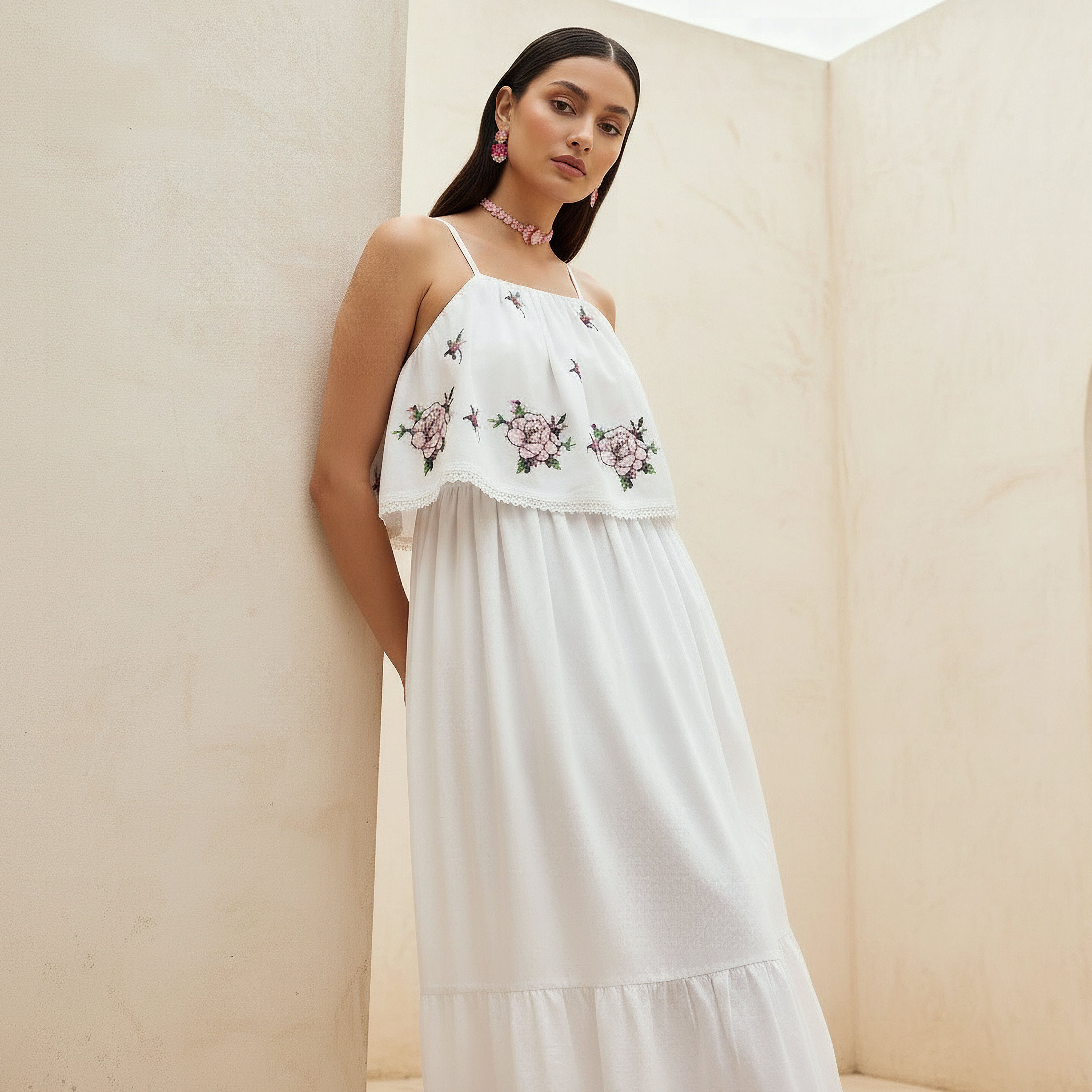 فستان قطن بحمّالات وقصة إيه لاين مع تطريز زهور للنساء-women-clothing-dresses-image-2