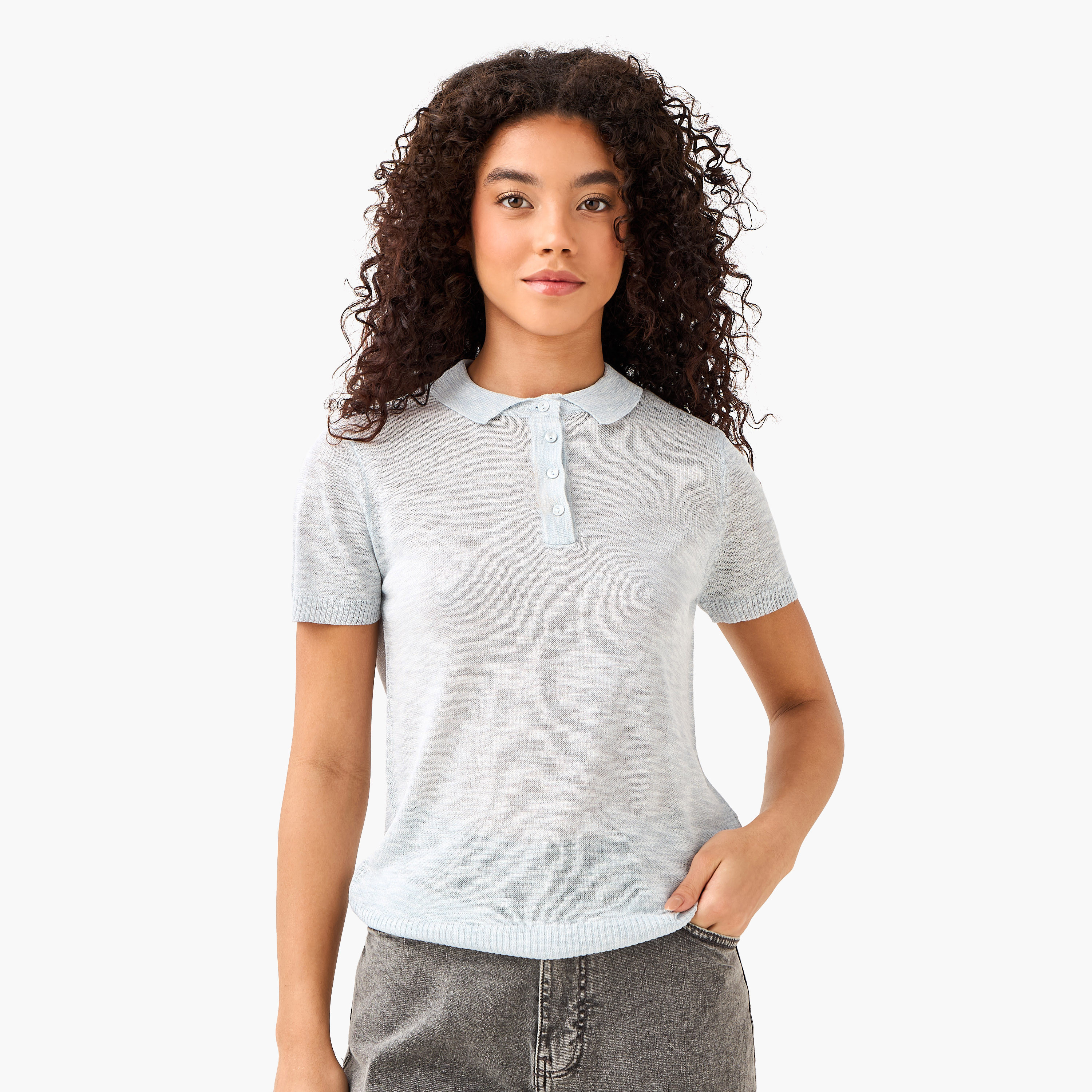 تيشيرت بولو من مزيج الكتان-women-clothing-tshirts-image-3
