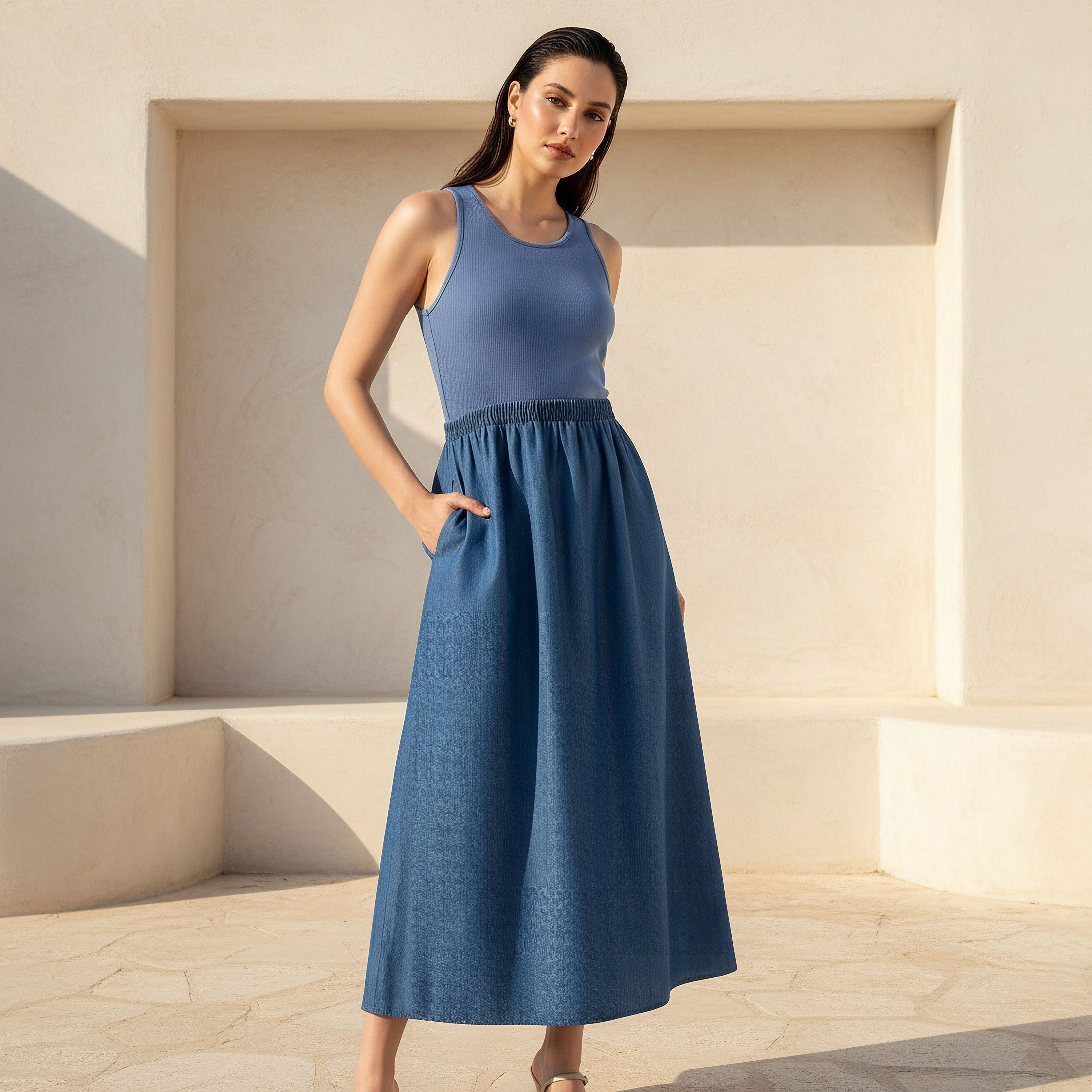 Ribbed A-line Women Dress with Pockets-women-clothing-dresses-image-1
