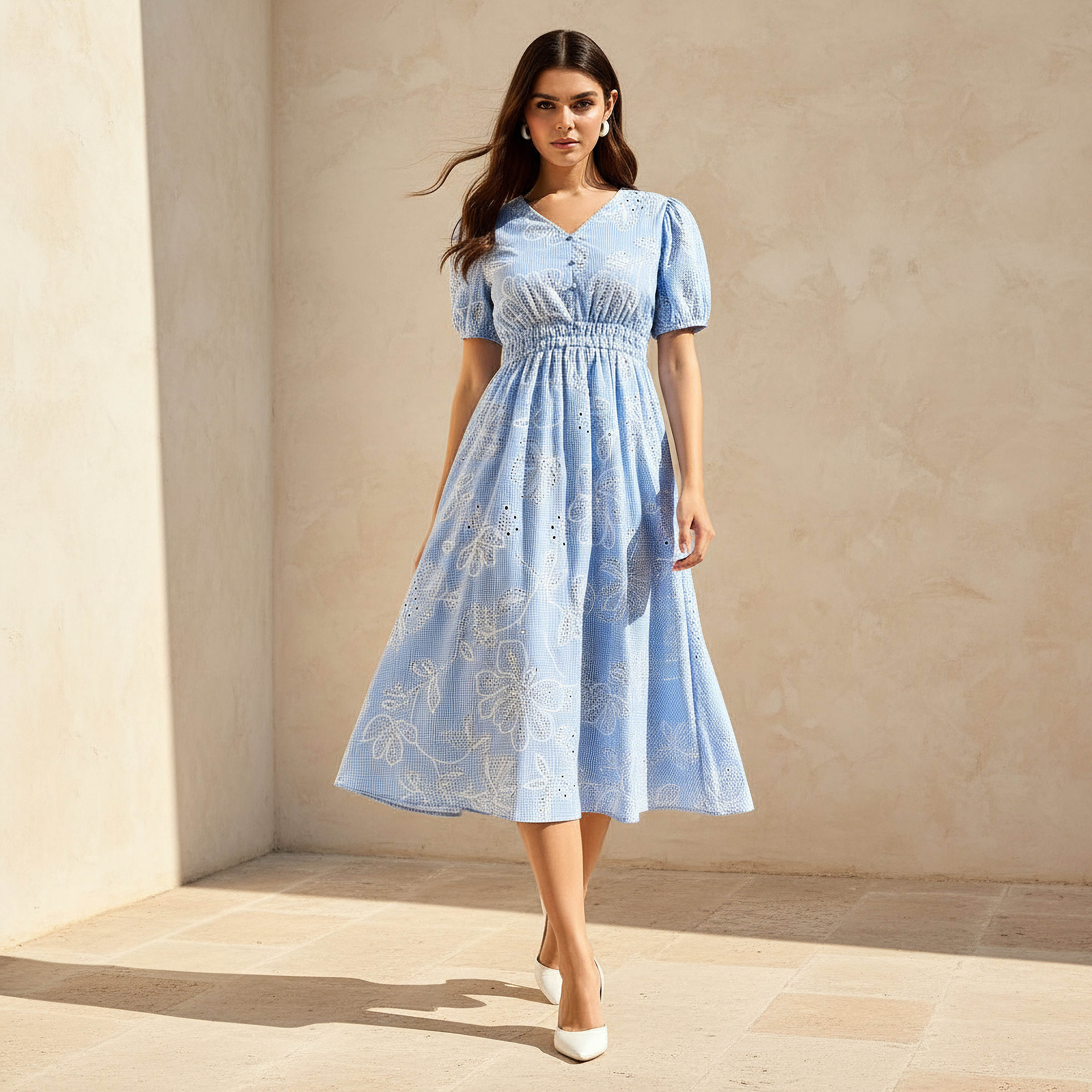 Checked A-line Women Dress with Schiffli Detail Cotton-women-clothing-dresses-image-1