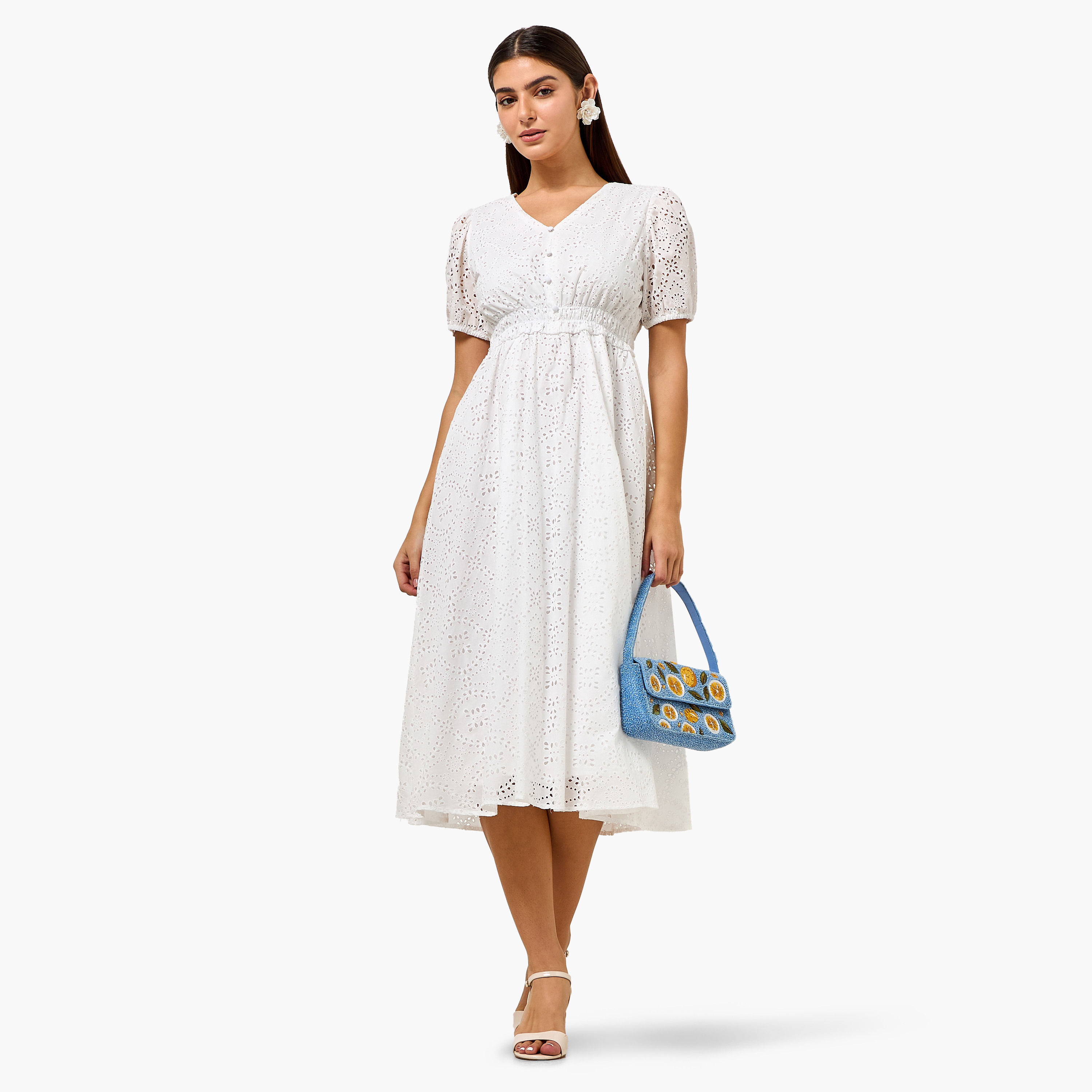 Checked A-line Women Dress with Schiffli Detail Cotton-women-clothing-dresses-image-4