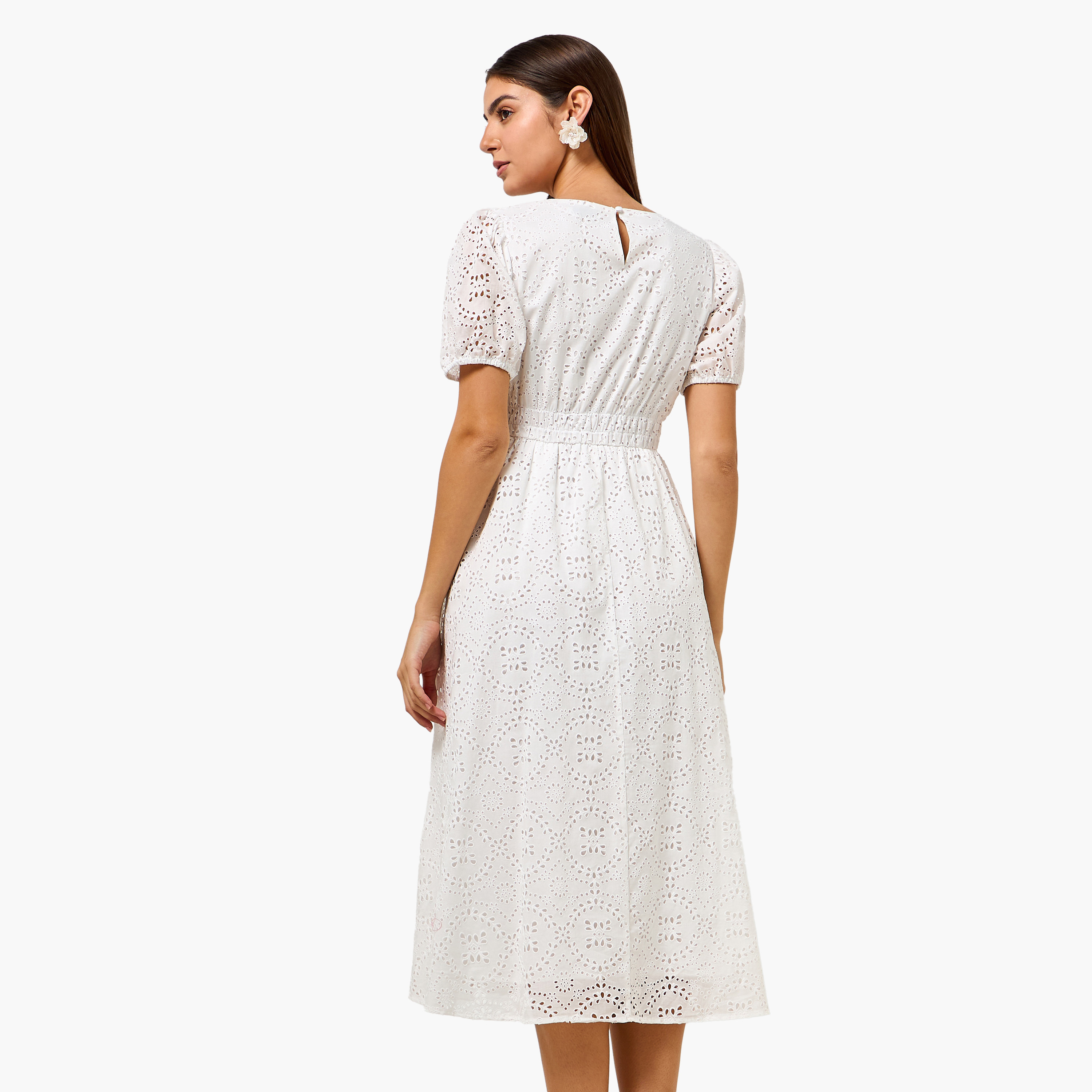 Checked A-line Women Dress with Schiffli Detail Cotton-women-clothing-dresses-image-5