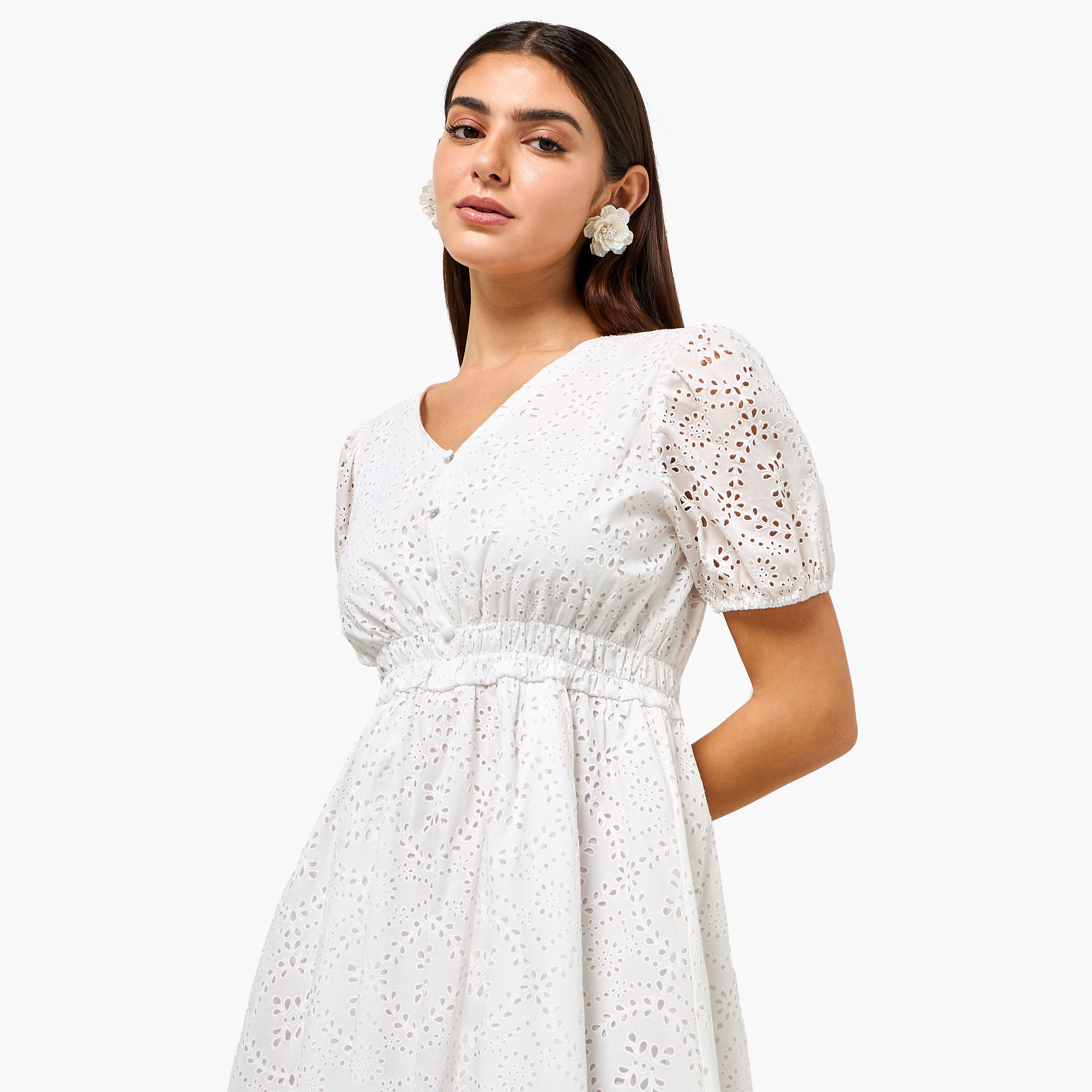 Checked A-line Women Dress with Schiffli Detail Cotton-women-clothing-dresses-image-6