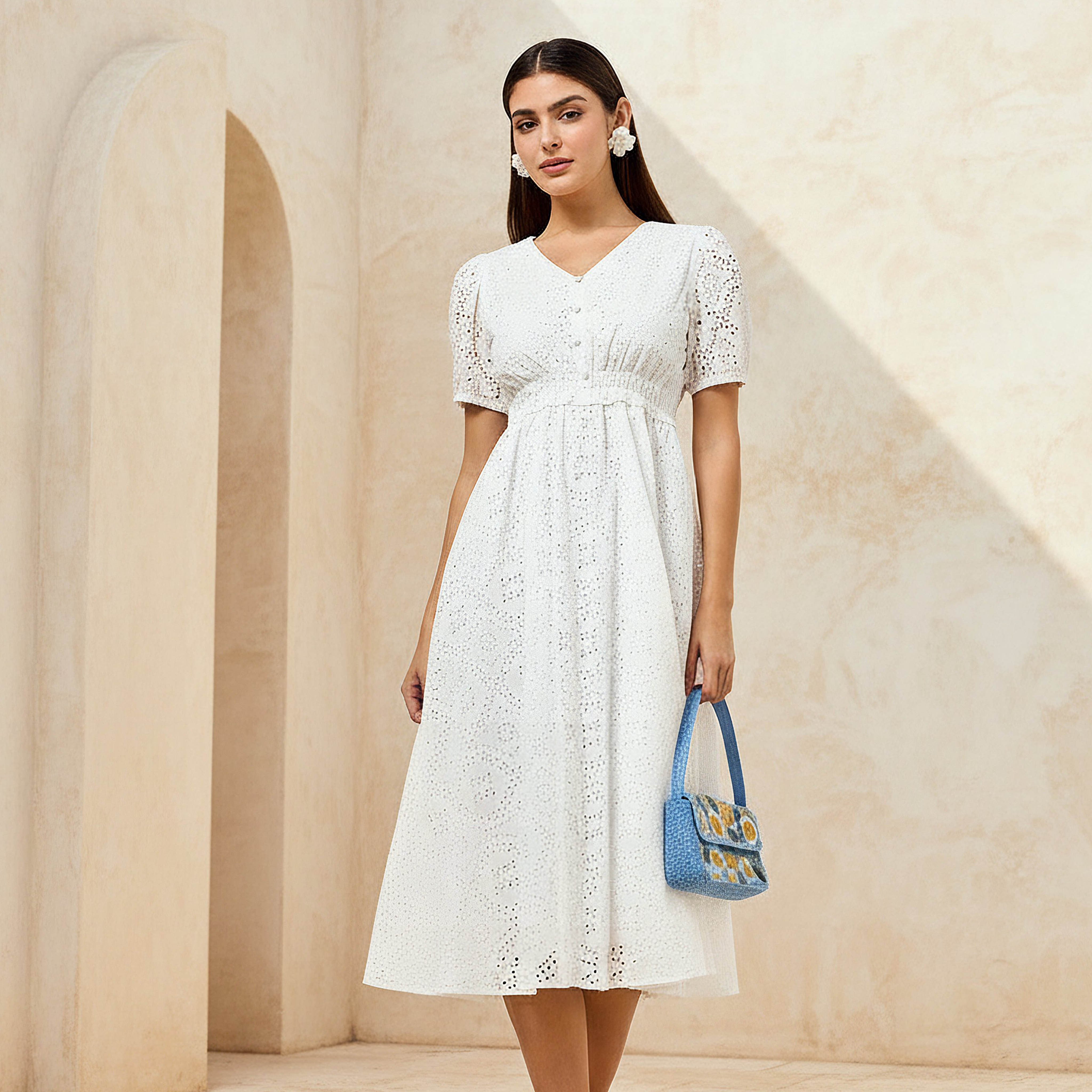 Checked A-line Women Dress with Schiffli Detail Cotton-women-clothing-dresses-image-1