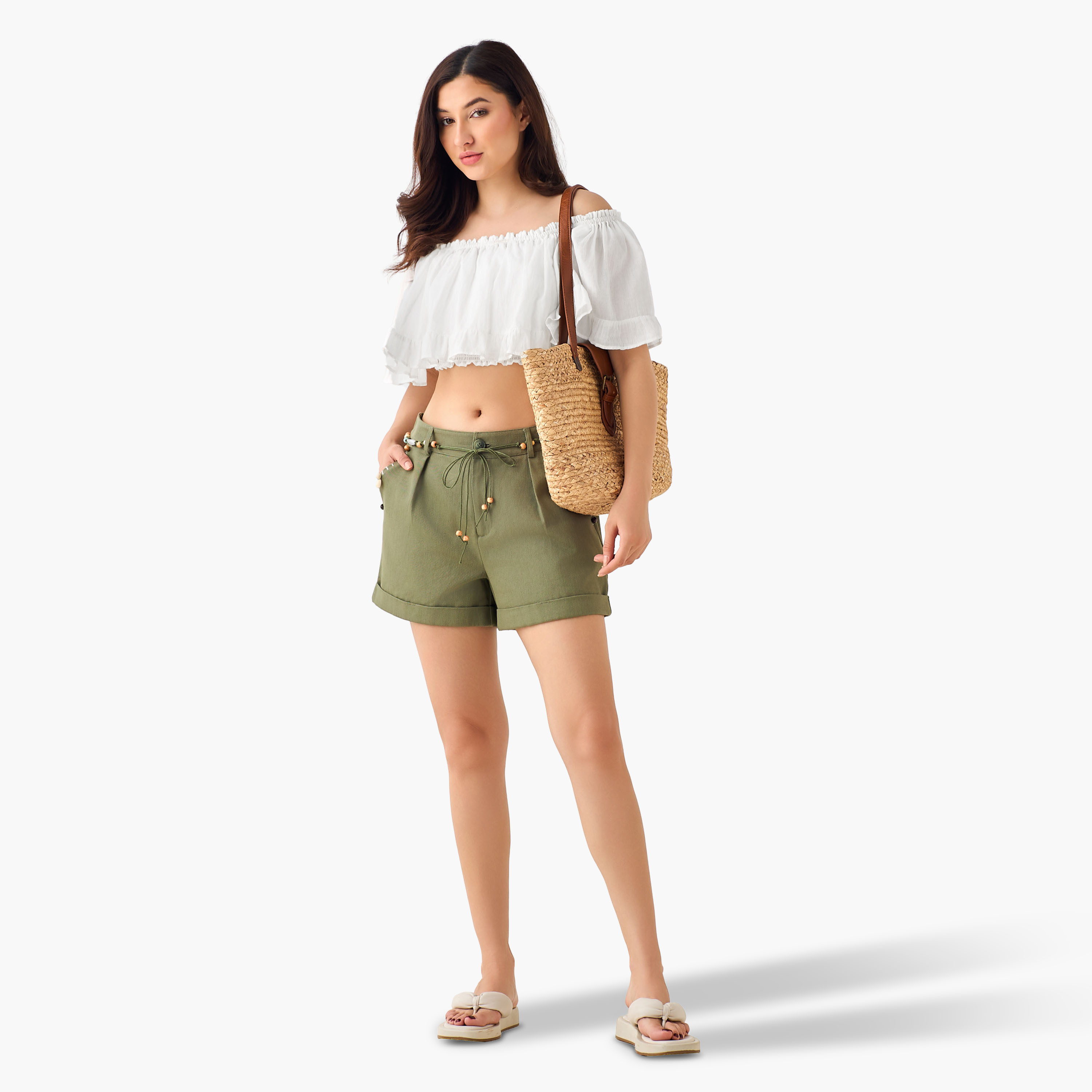 Regular Fit Textured Shorts with Beaded Belt-women-clothing-bottoms-shorts-image-6