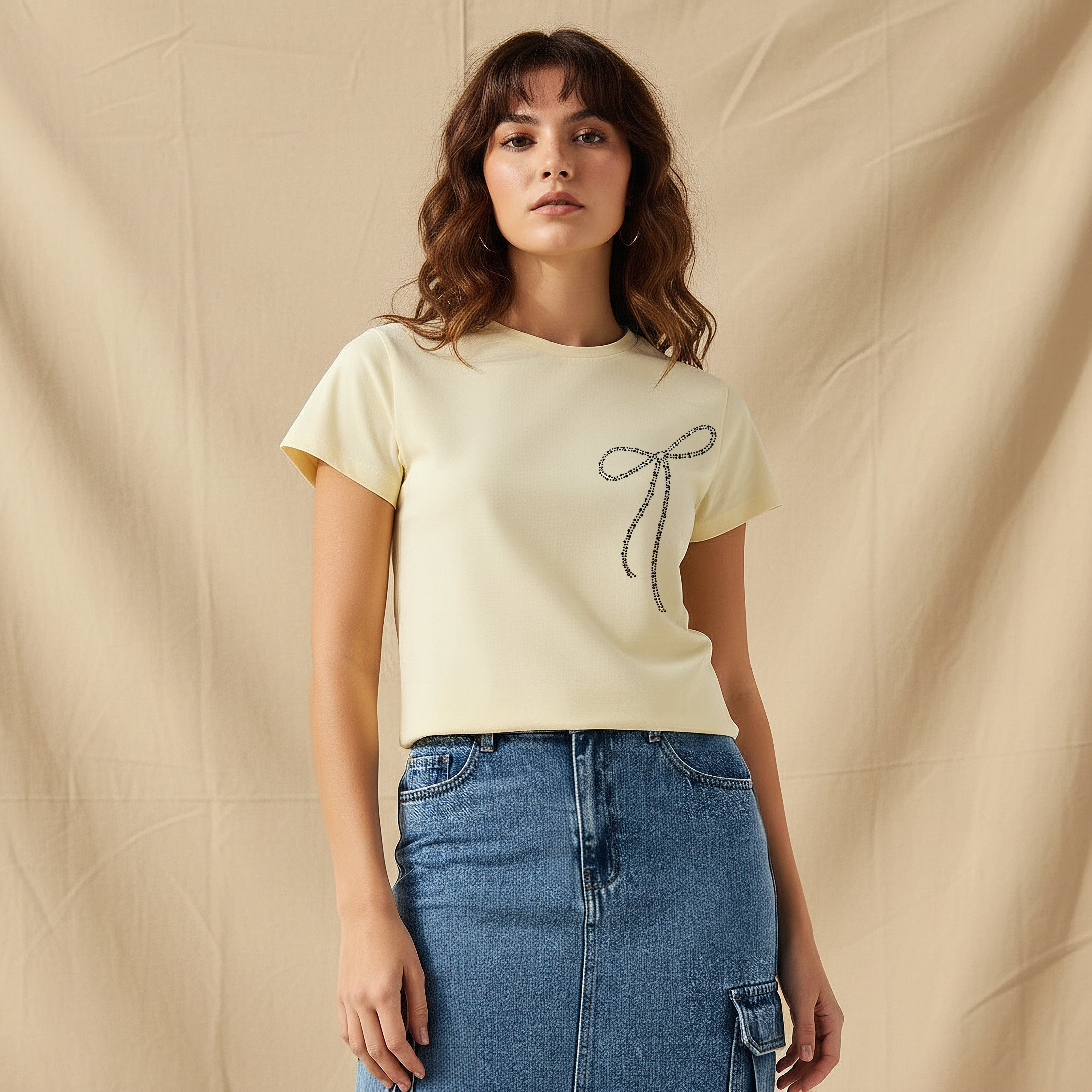 Cotton T-Shirt with Embellished Bow Detail-women-clothing-tshirts-image-1