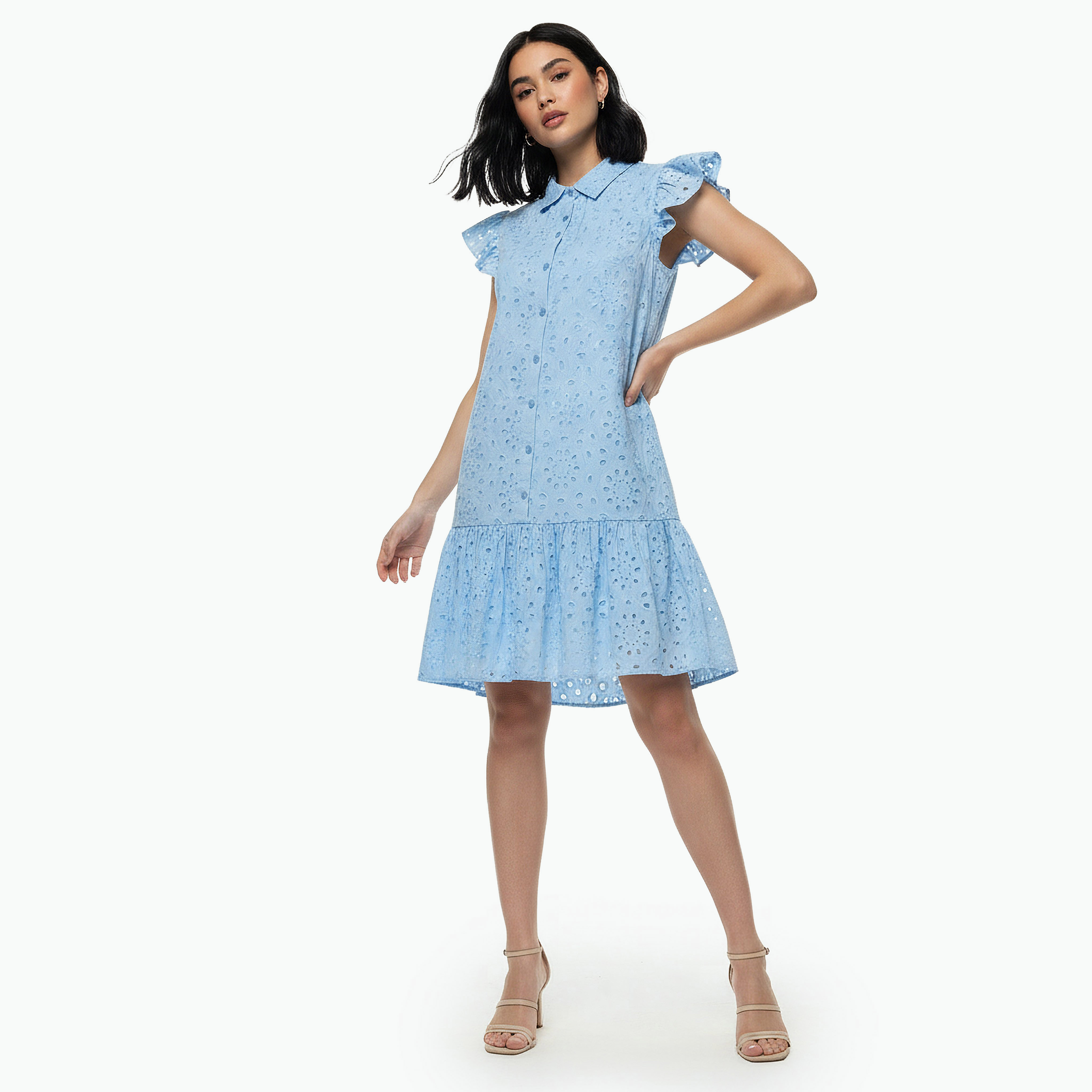 A-line Knee-Length Cotton Dress with Schiffli Embroidery-women-clothing-dresses-image-3