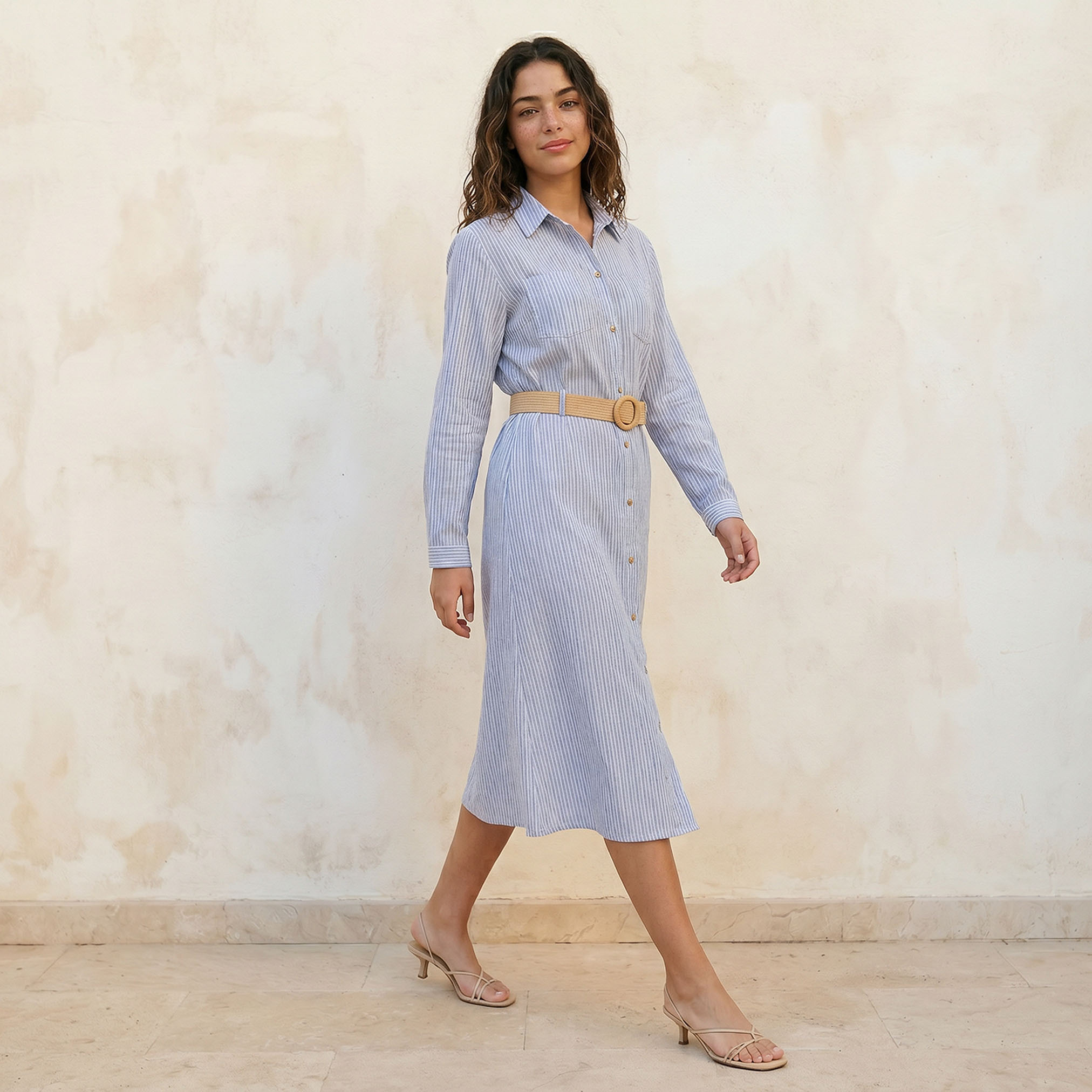 فستان قميص نسائي مقلم بحزام أنيق-women-clothing-dresses-image-3