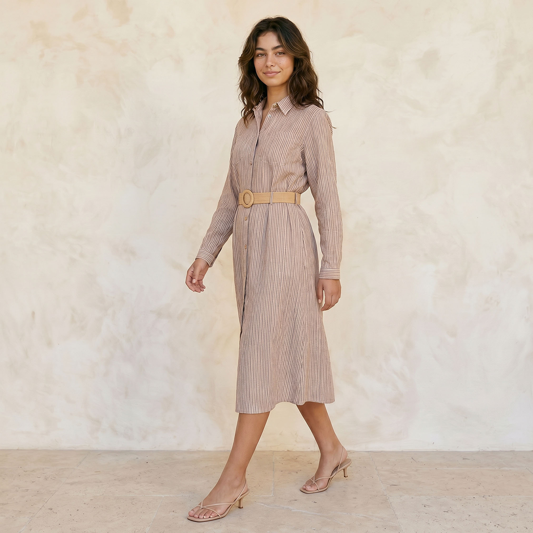 فستان قميص نسائي مقلم بحزام أنيق-women-clothing-dresses-image-3