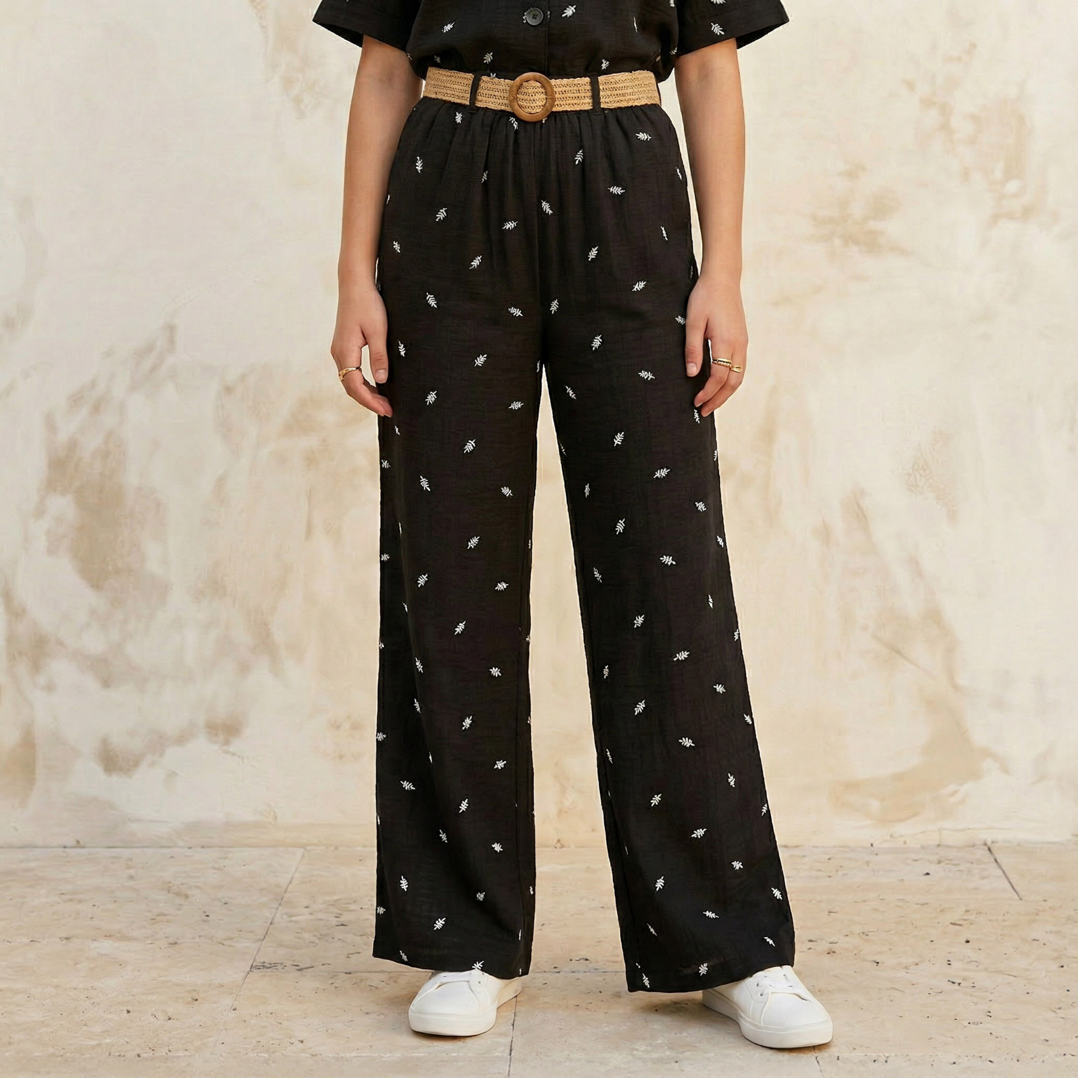 Mid-Rise Leaf Embroidered Belted Wide Leg Trousers-women-clothing-coordsets-image-1