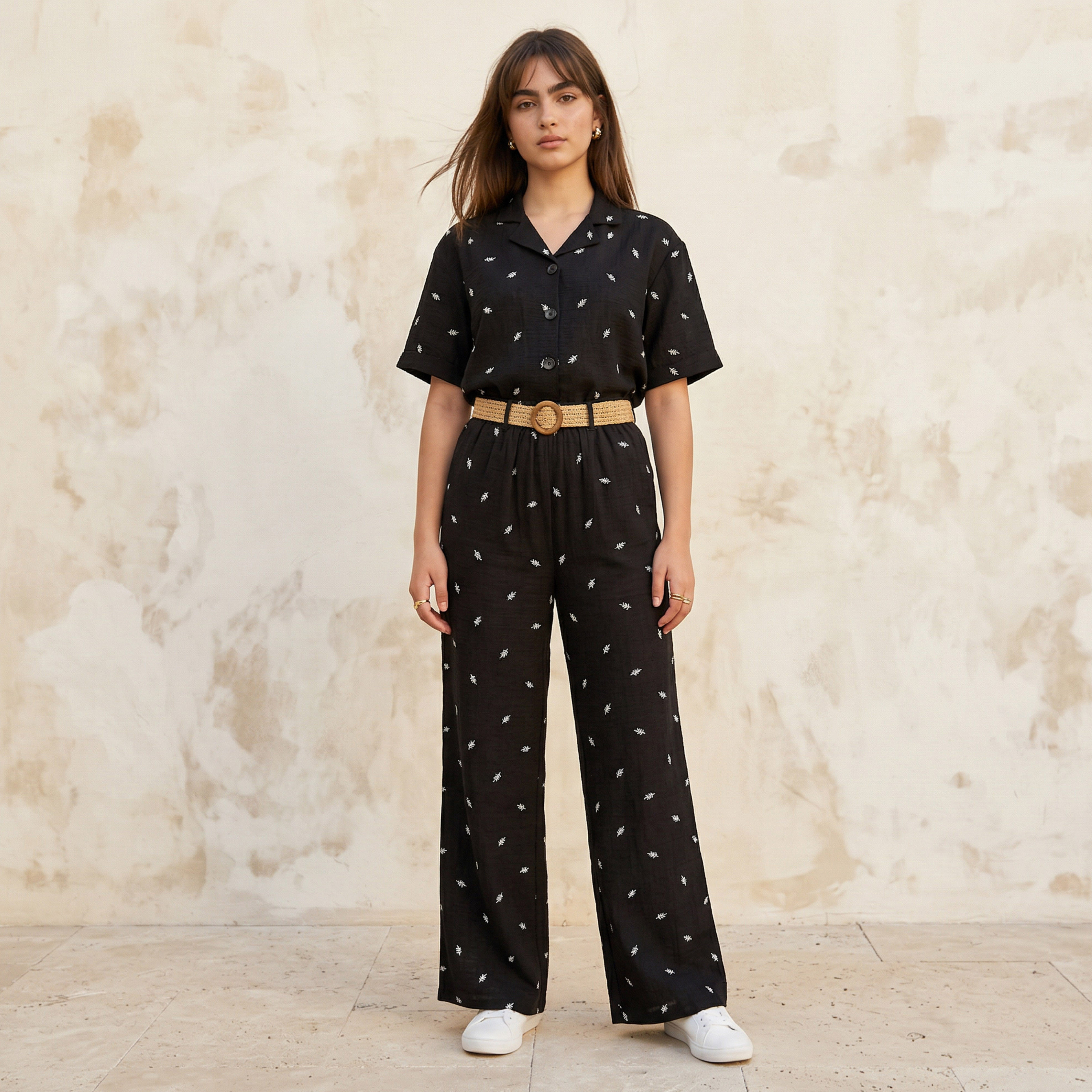 Mid-Rise Leaf Embroidered Belted Wide Leg Trousers-women-clothing-coordsets-image-3