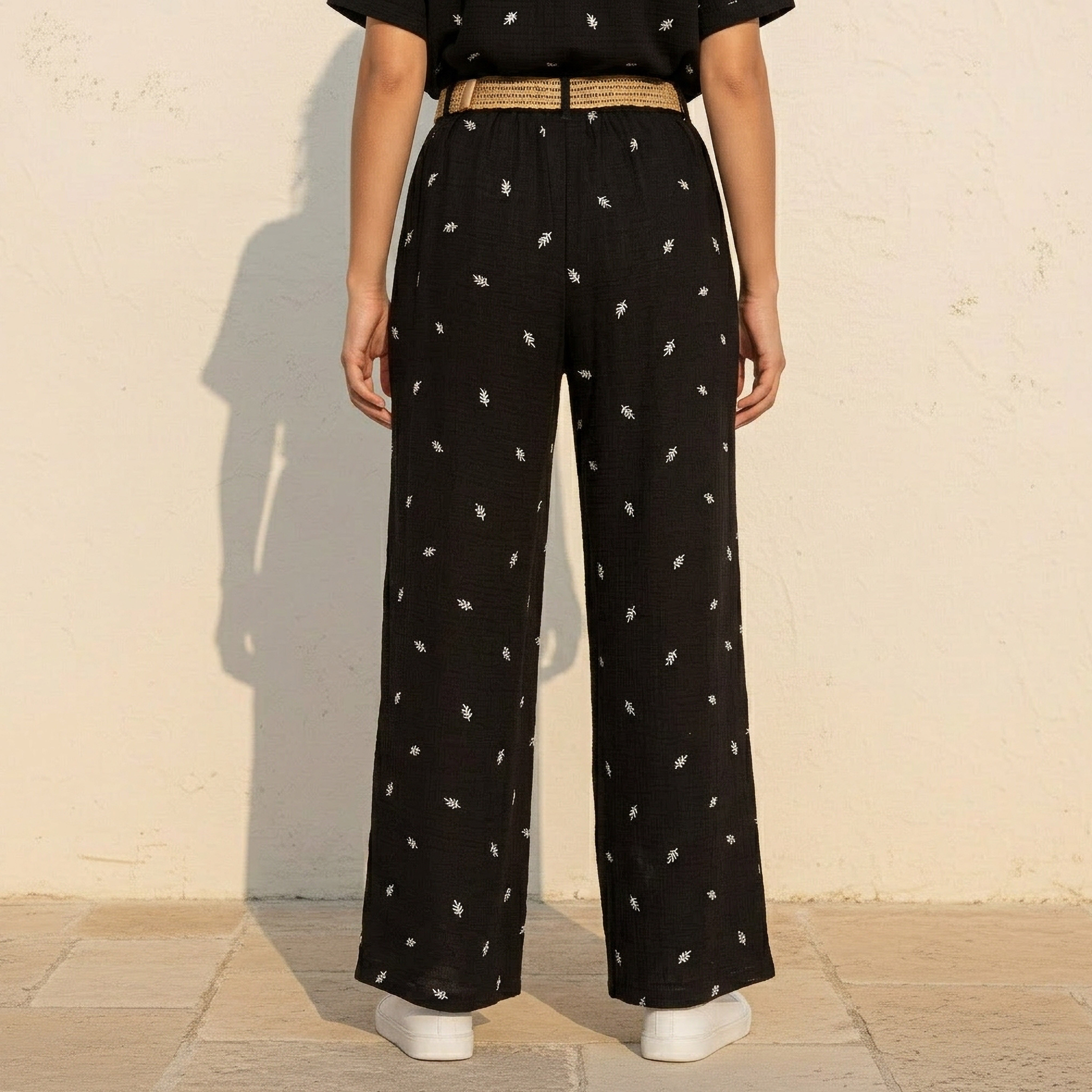 Mid-Rise Leaf Embroidered Belted Wide Leg Trousers-women-clothing-coordsets-image-4