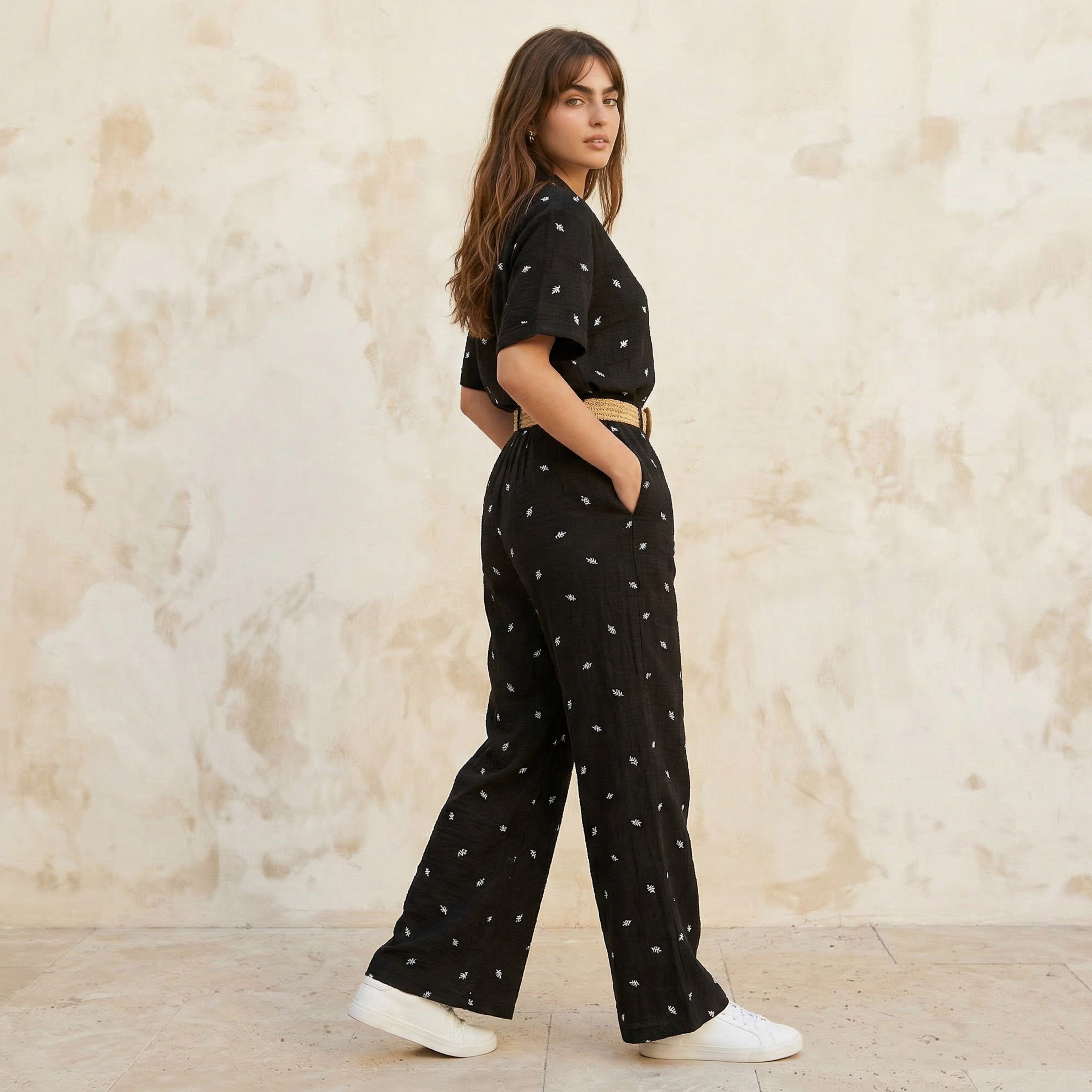 Mid-Rise Leaf Embroidered Belted Wide Leg Trousers-women-clothing-coordsets-image-5