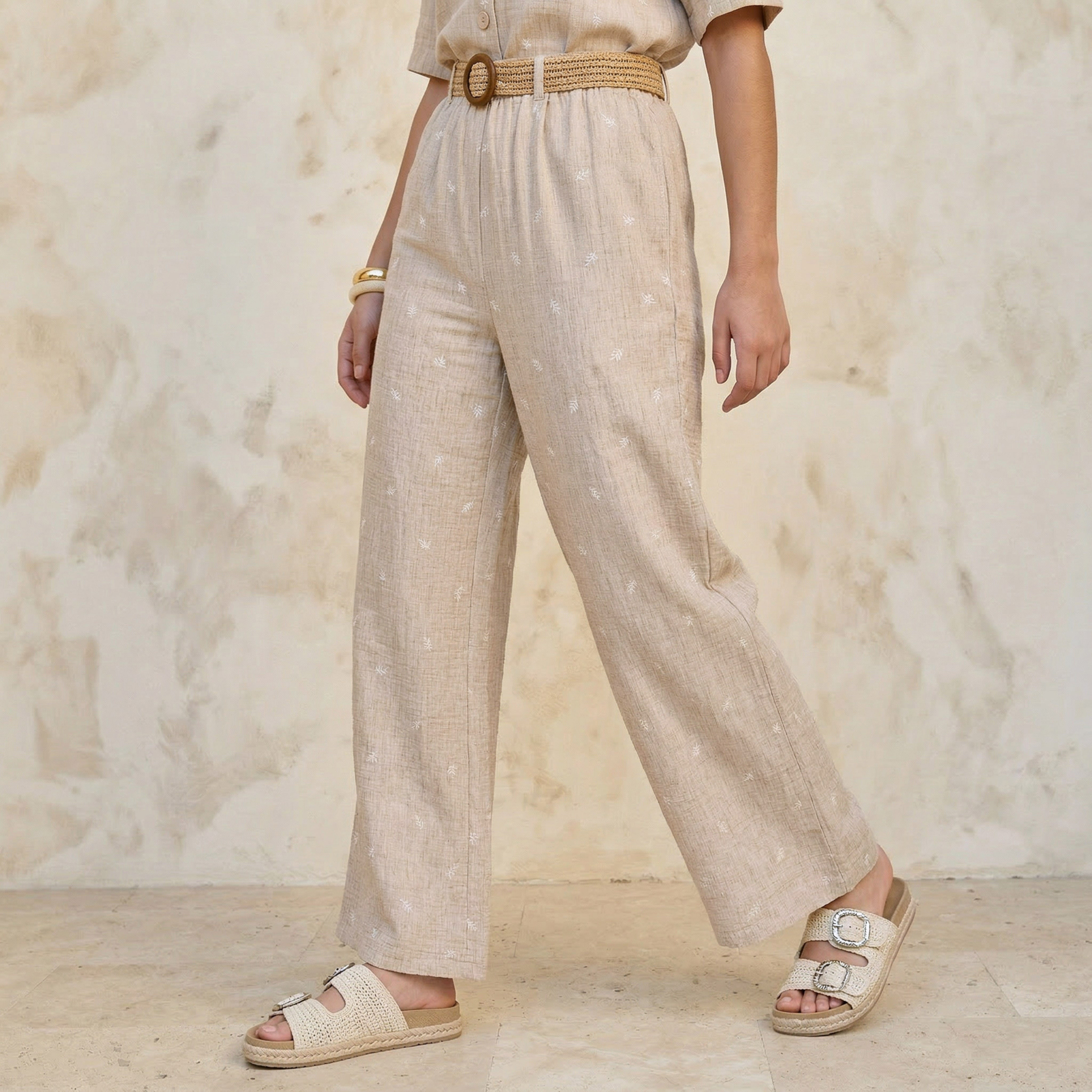 Mid-Rise Leaf Embroidered Belted Wide Leg Trousers-women-clothing-coordsets-image-1