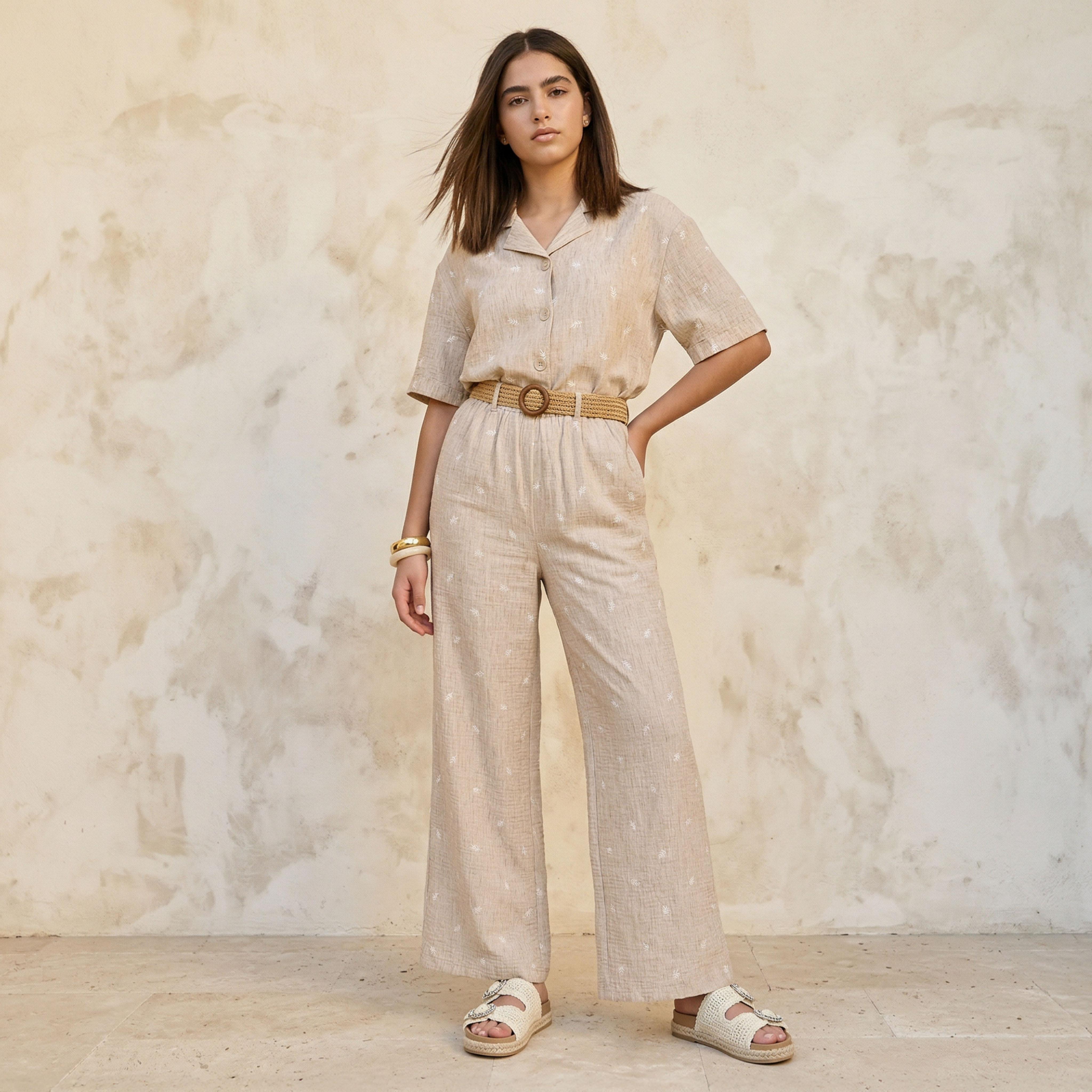 Mid-Rise Leaf Embroidered Belted Wide Leg Trousers-women-clothing-coordsets-image-3