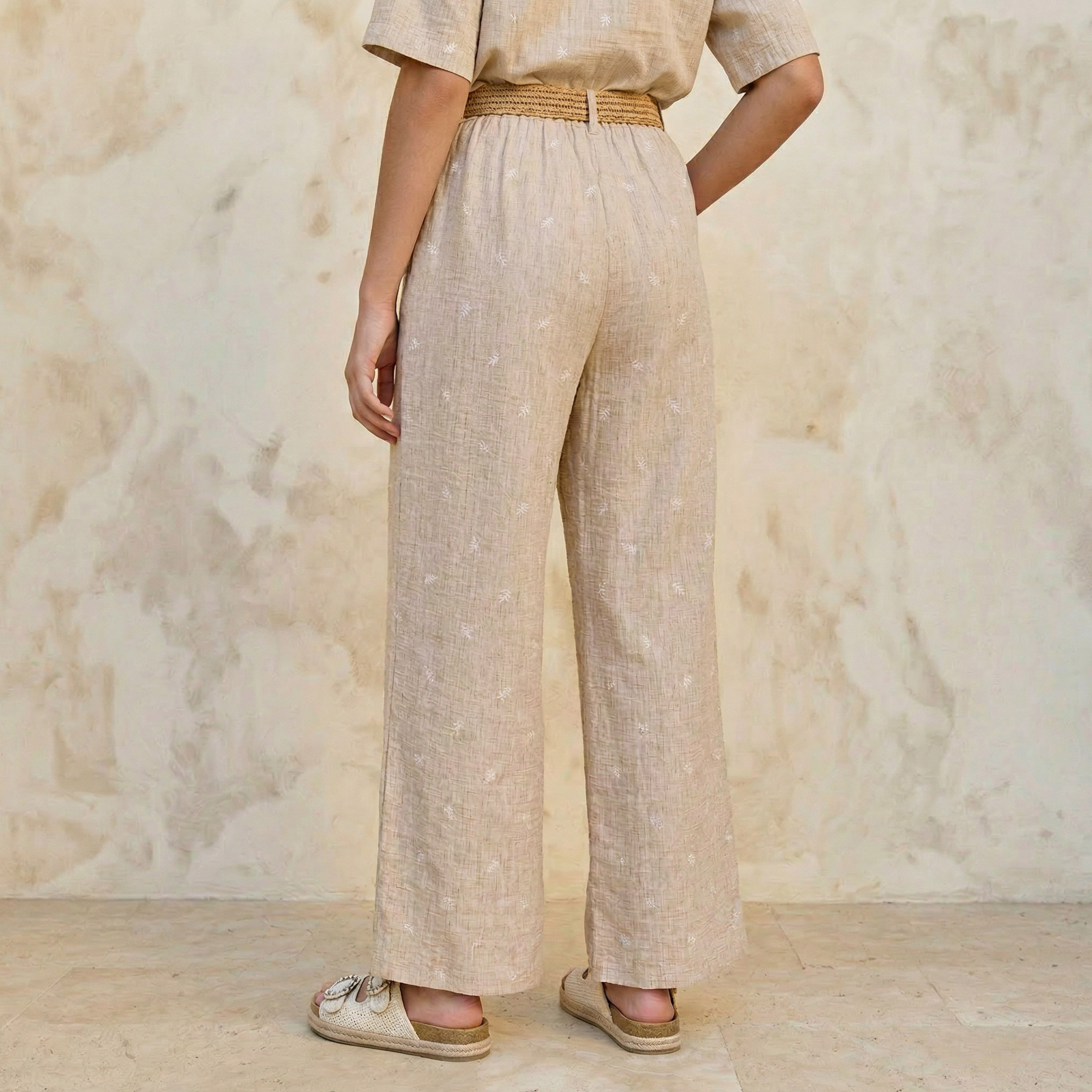 Mid-Rise Leaf Embroidered Belted Wide Leg Trousers-women-clothing-coordsets-image-4