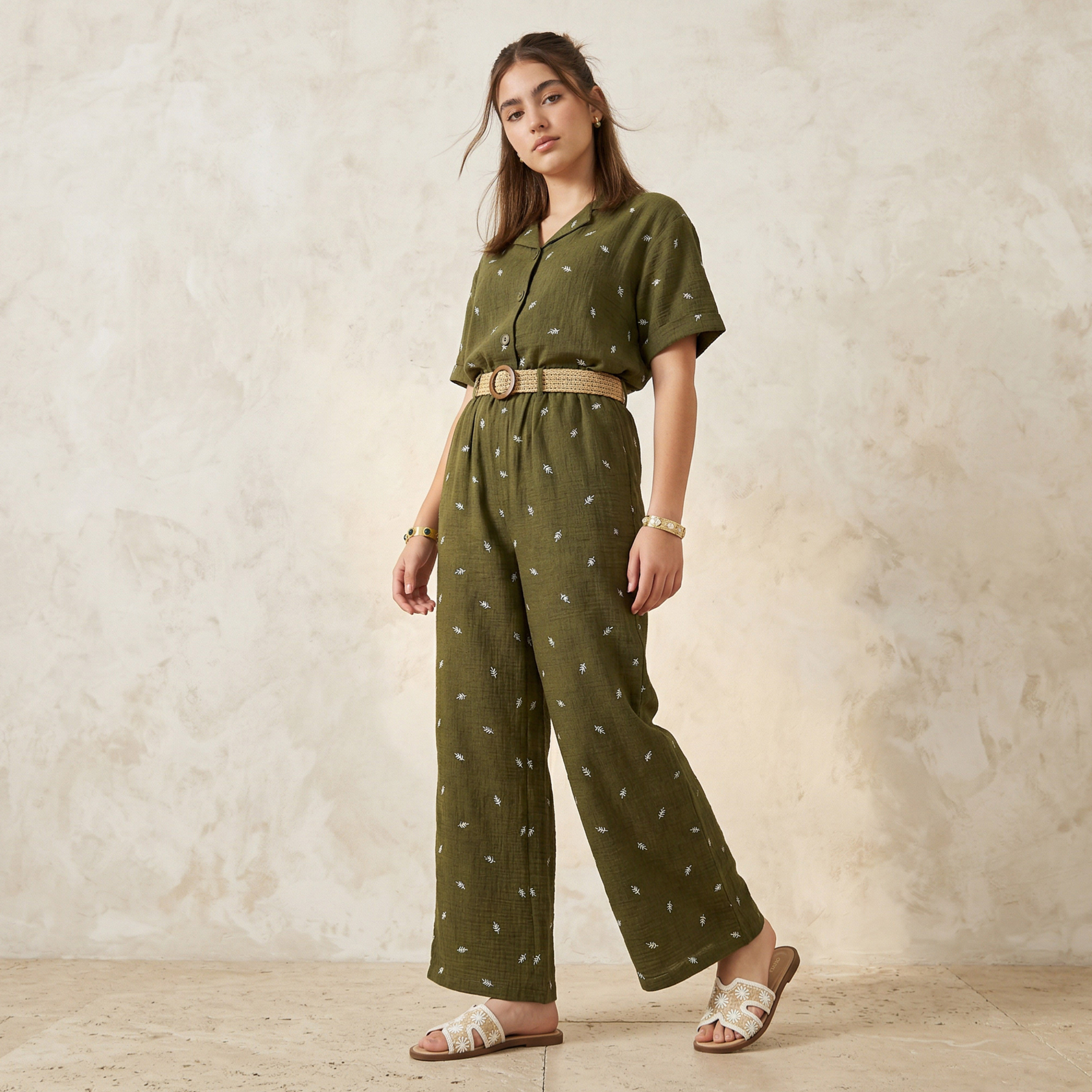 Mid-Rise Leaf Embroidered Belted Wide Leg Trousers-women-clothing-coordsets-image-3