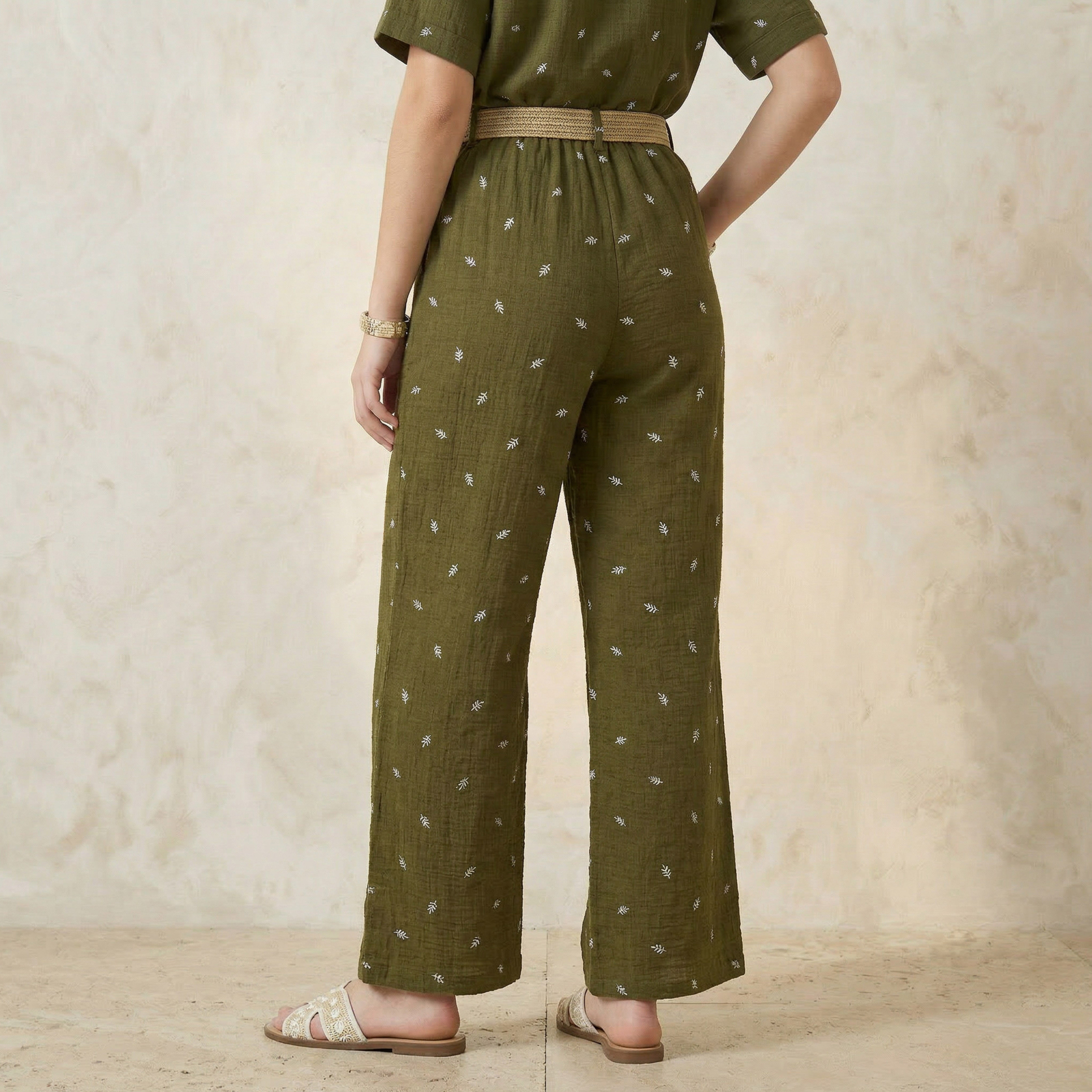 Mid-Rise Leaf Embroidered Belted Wide Leg Trousers-women-clothing-coordsets-image-4