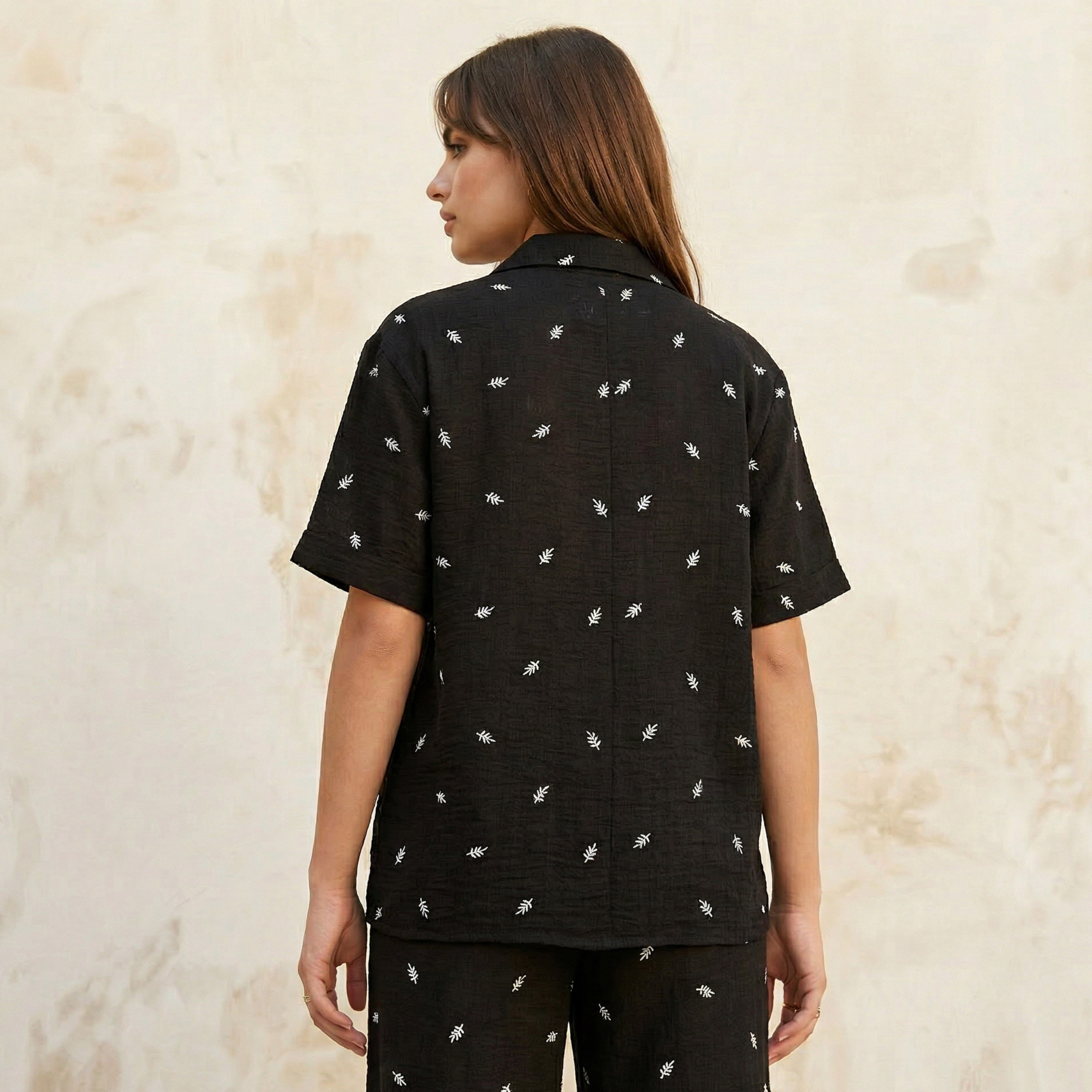 Leaf Embroidered Shirt with Short Sleeves-women-clothing-shirtsandblouses-shirts-image-4