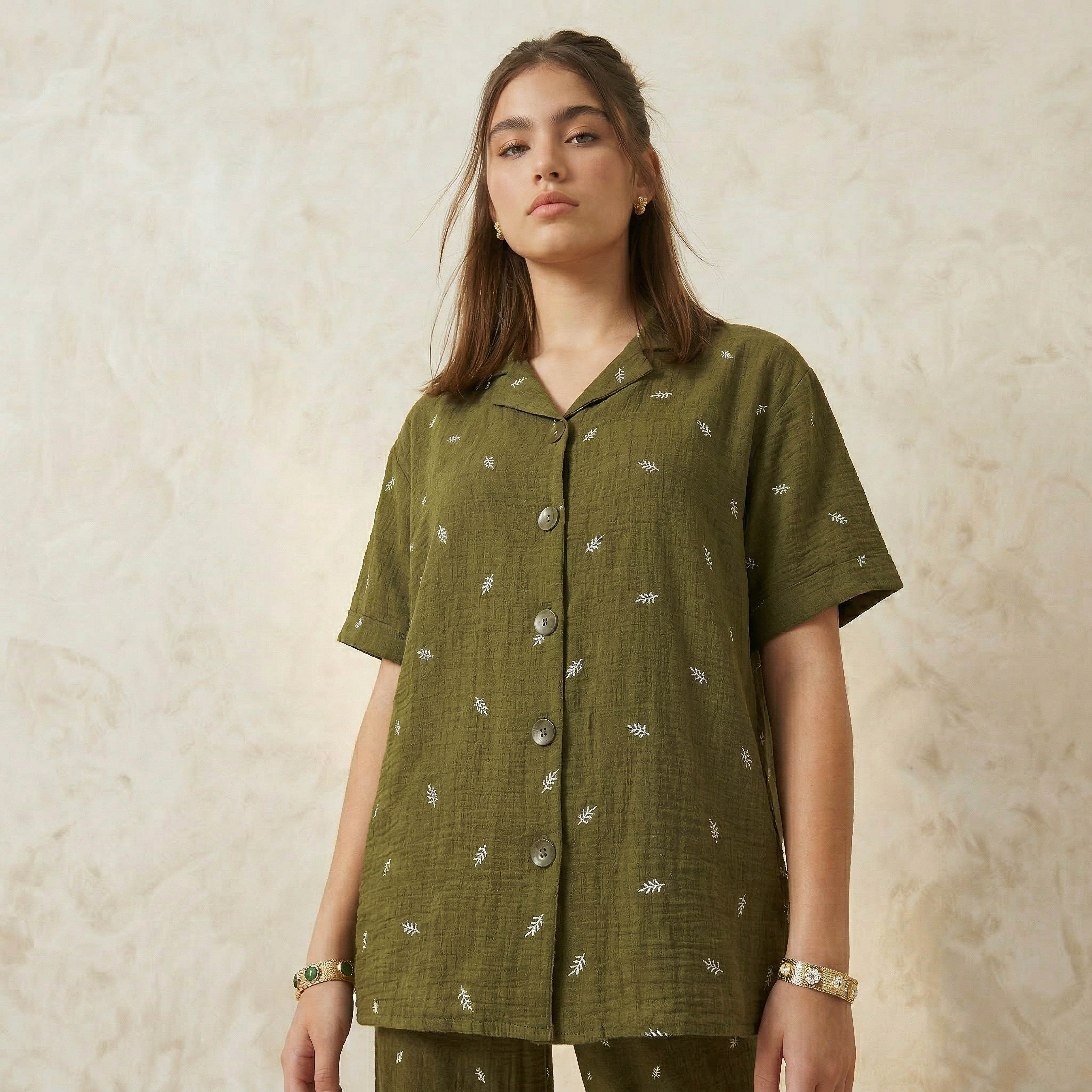 Leaf Embroidered Shirt with Short Sleeves-women-clothing-shirtsandblouses-shirts-image-1