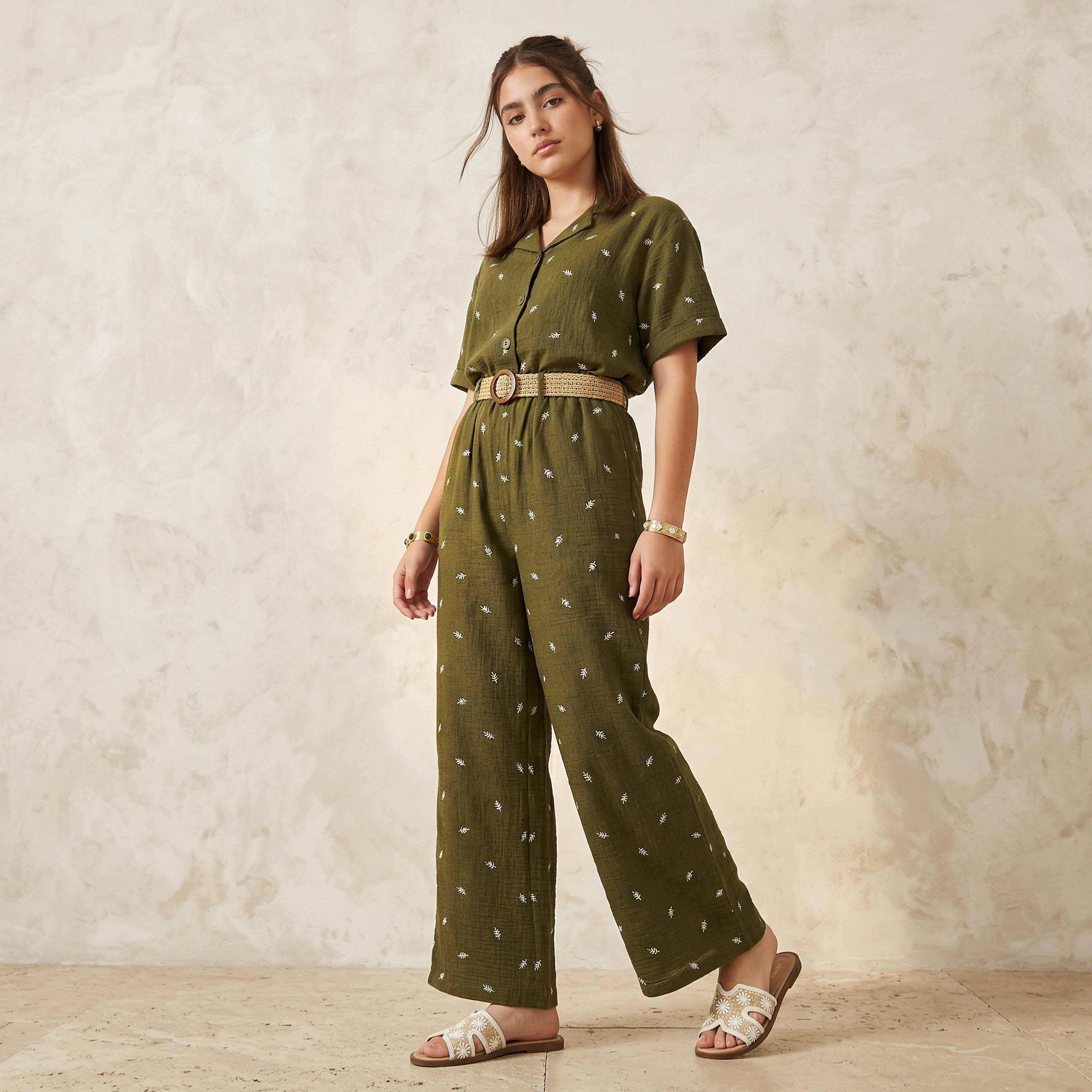 Leaf Embroidered Shirt with Short Sleeves-women-clothing-shirtsandblouses-shirts-image-3