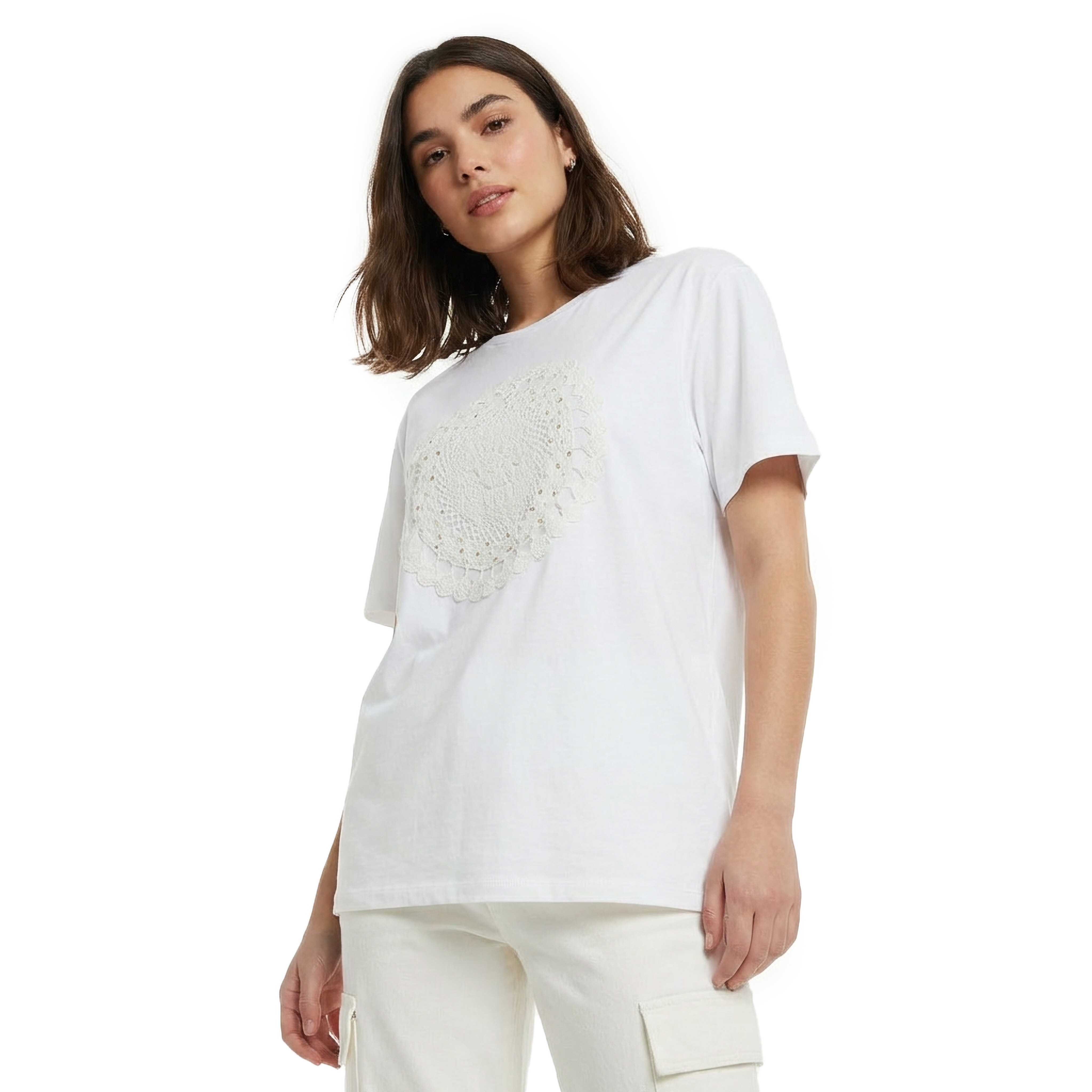 Cotton T-shirt with Crochet Applique Detail-women-clothing-tshirts-image-5