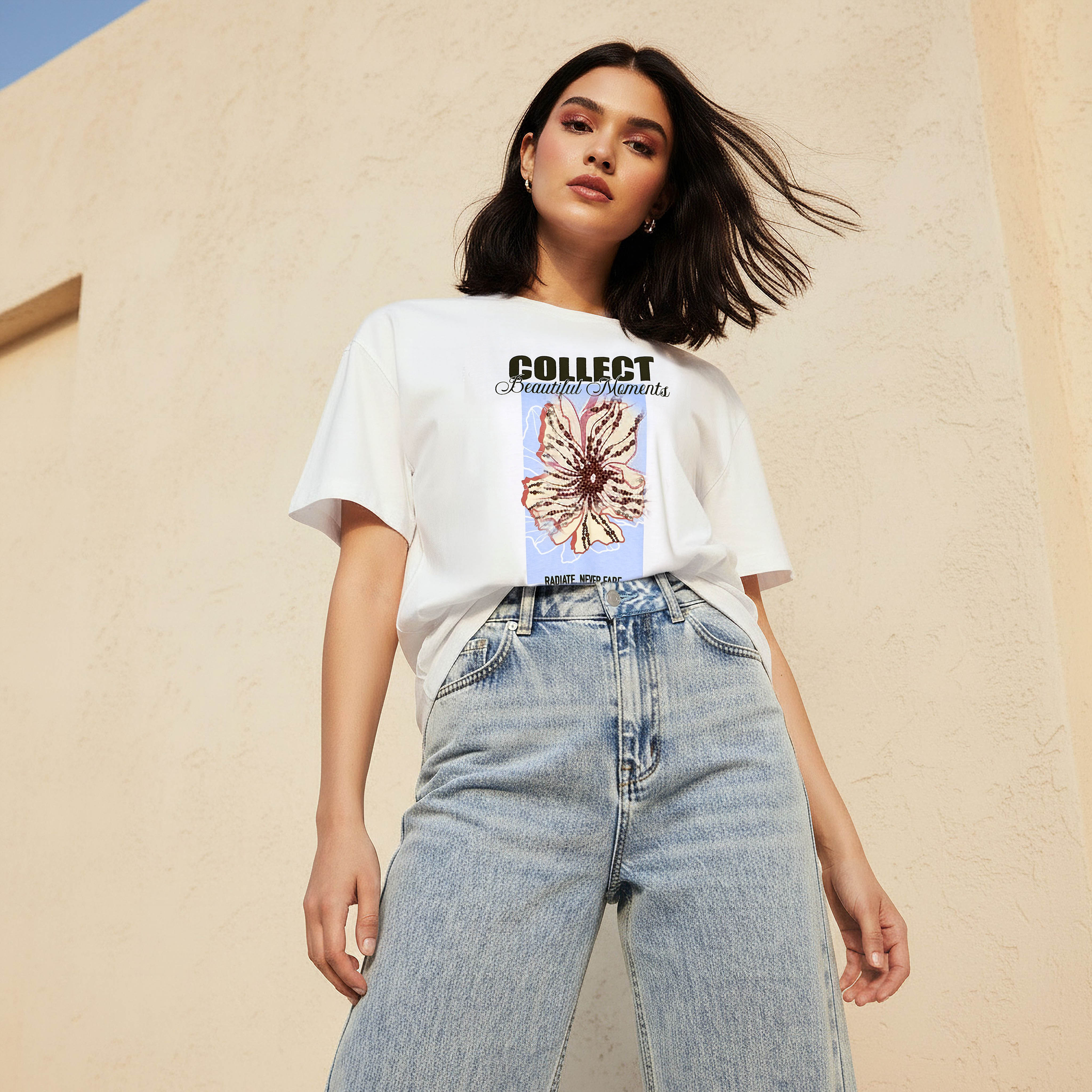 Cotton T-shirt with Floral Graphic Print-women-clothing-tshirts-image-3