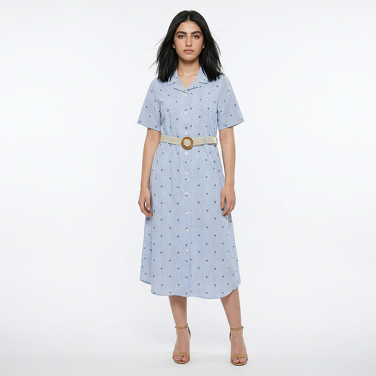 Striped Women Shirt Dress with Belt Cotton-women-clothing-dresses-image-3