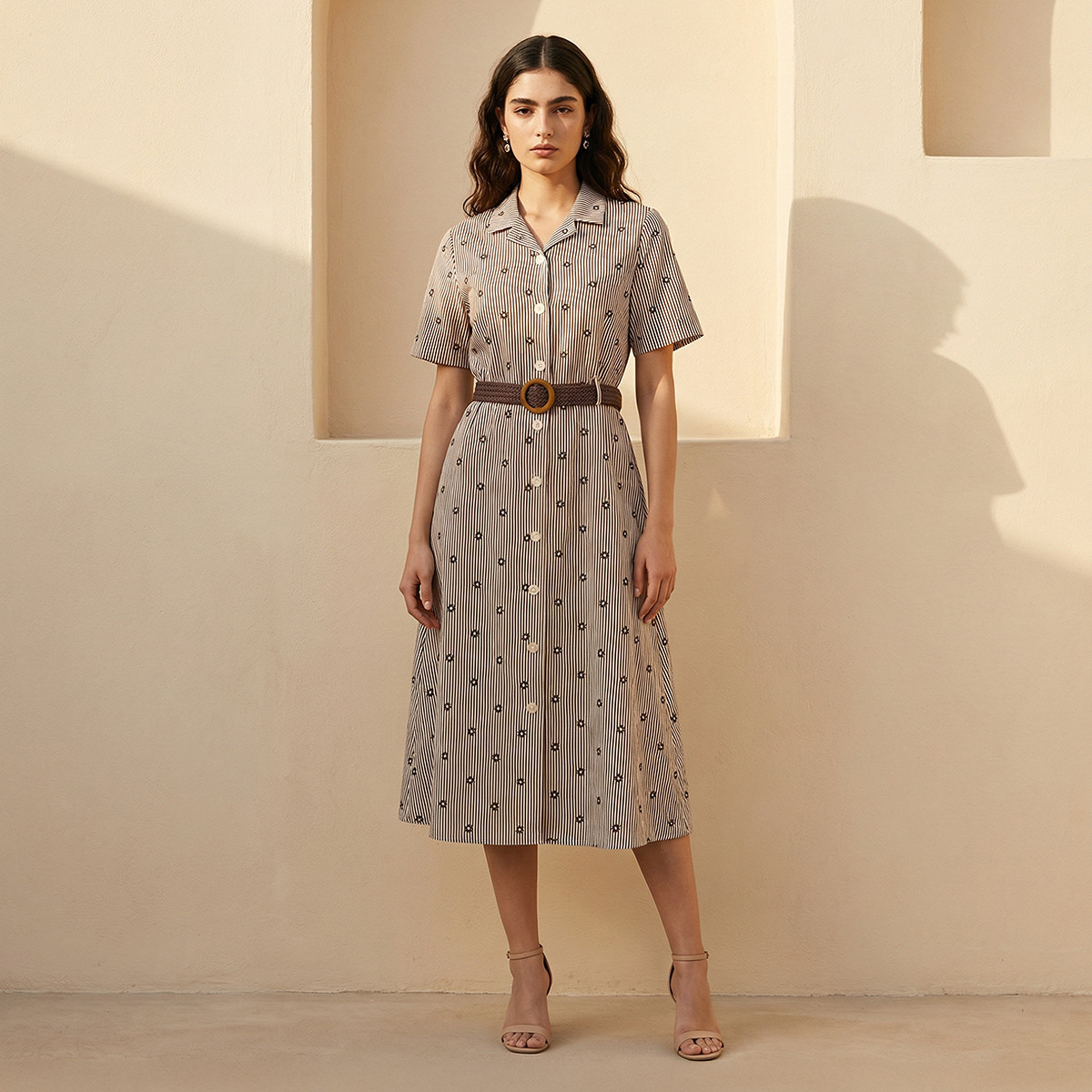 Striped Women Shirt Dress with Belt Cotton-women-clothing-dresses-image-1
