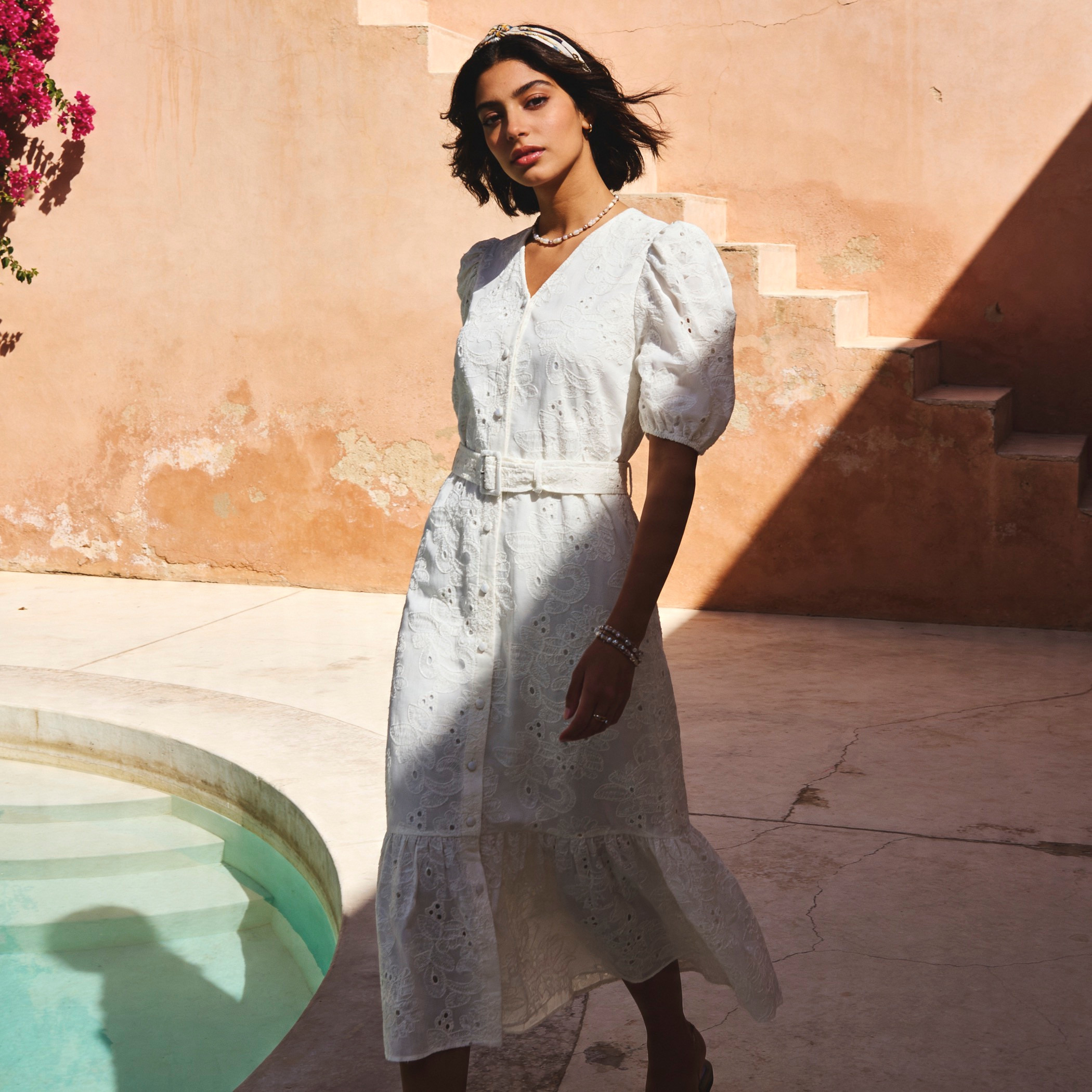 Tiered Midi Cotton Schiffli Embroidered Dress with Belt-women-clothing-dresses-image-1