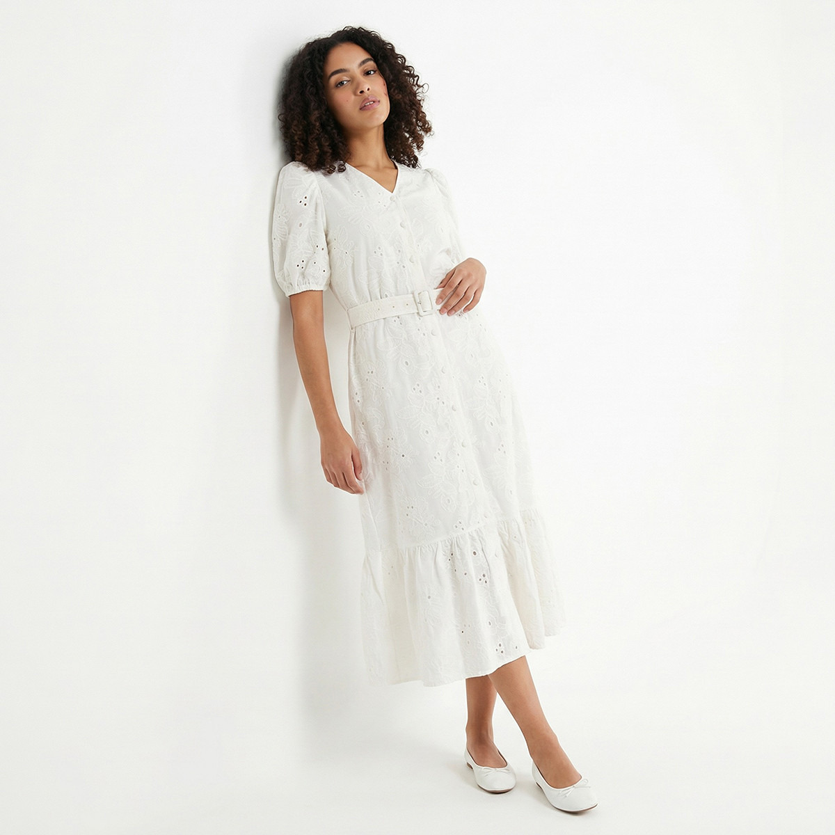 Tiered Midi Cotton Schiffli Embroidered Dress with Belt-women-clothing-dresses-image-3