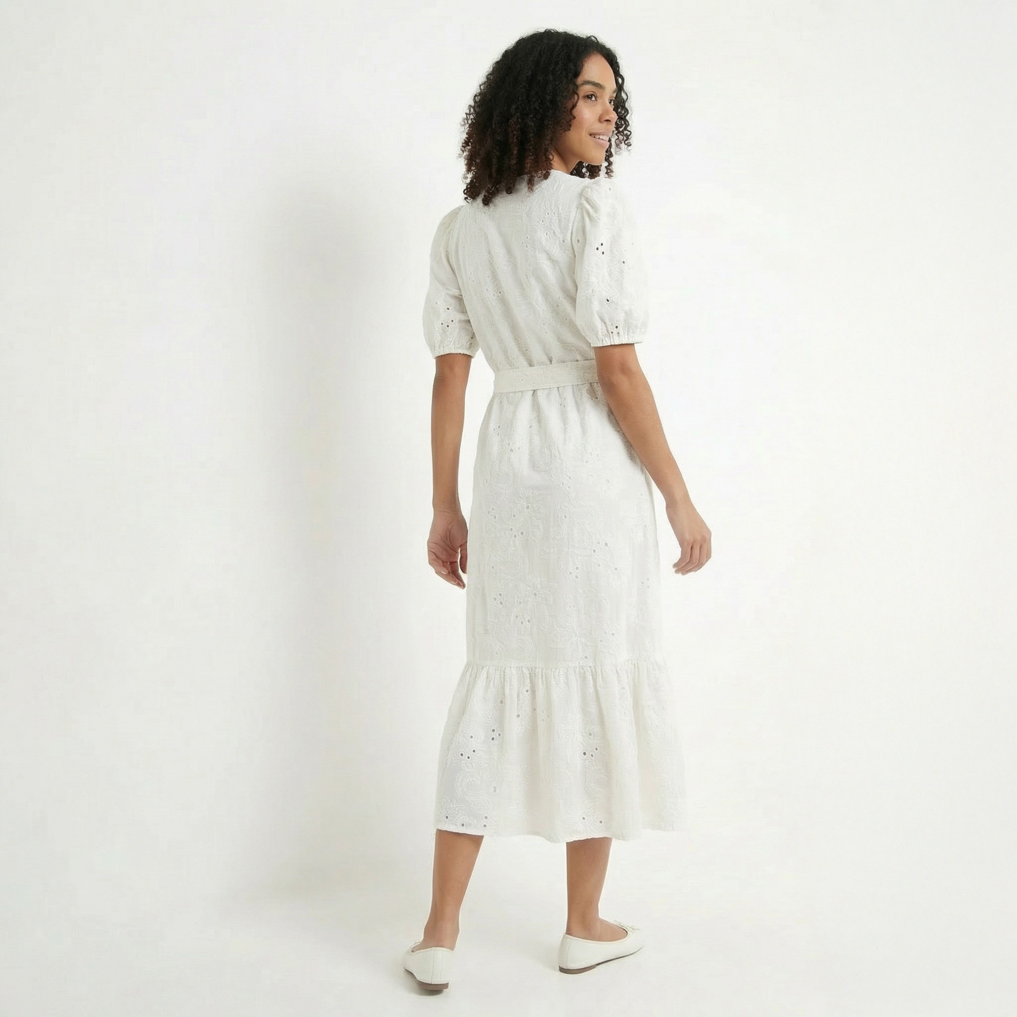 Tiered Midi Cotton Schiffli Embroidered Dress with Belt-women-clothing-dresses-image-4