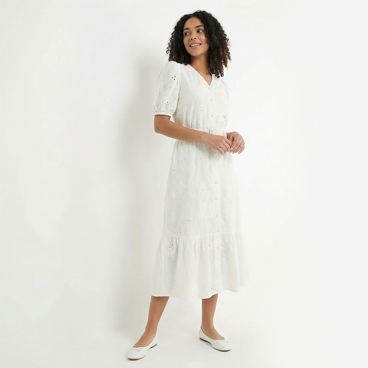 Tiered Midi Cotton Schiffli Embroidered Dress with Belt-women-clothing-dresses-image-5