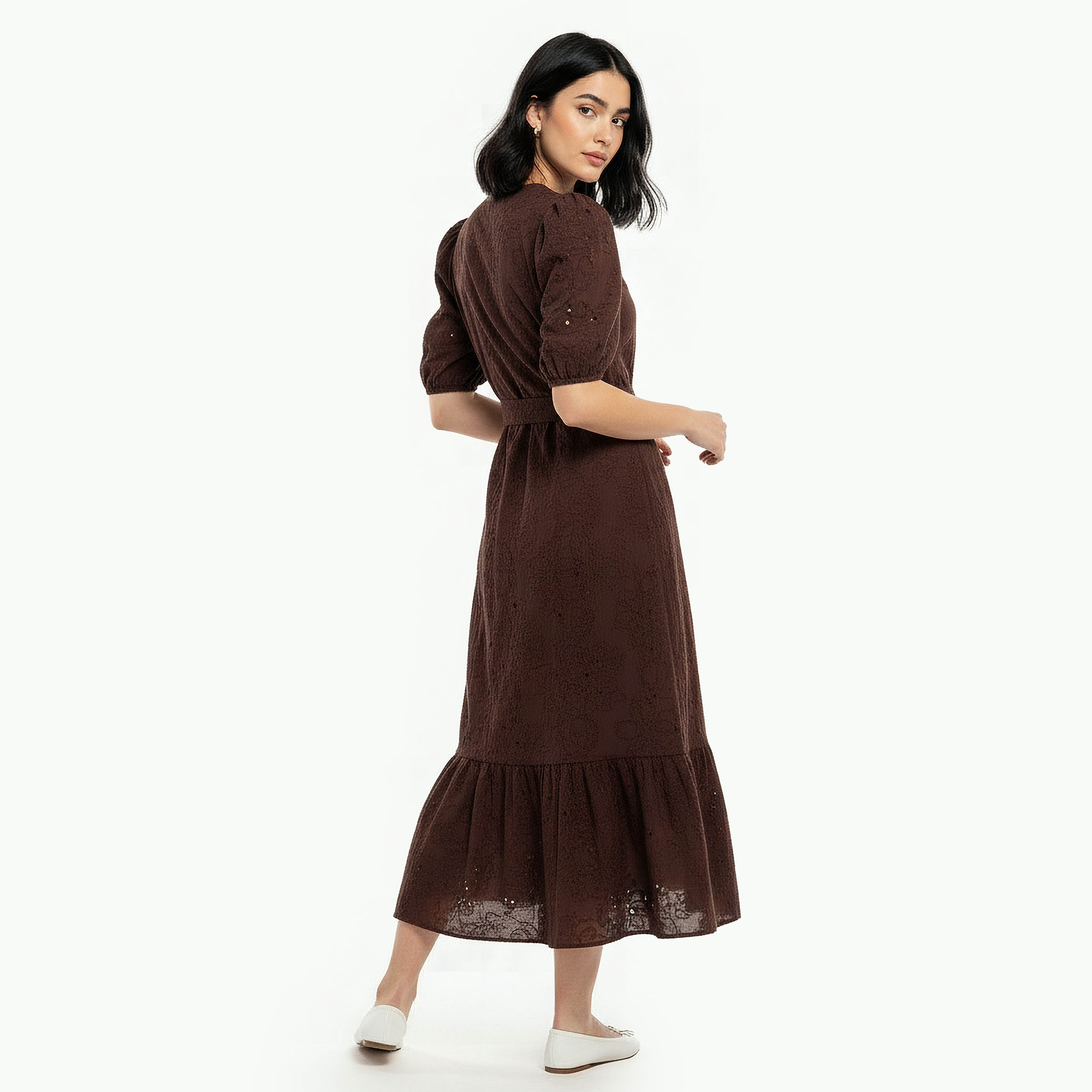 Tiered Midi Cotton Schiffli Embroidered Dress with Belt-women-clothing-dresses-image-4