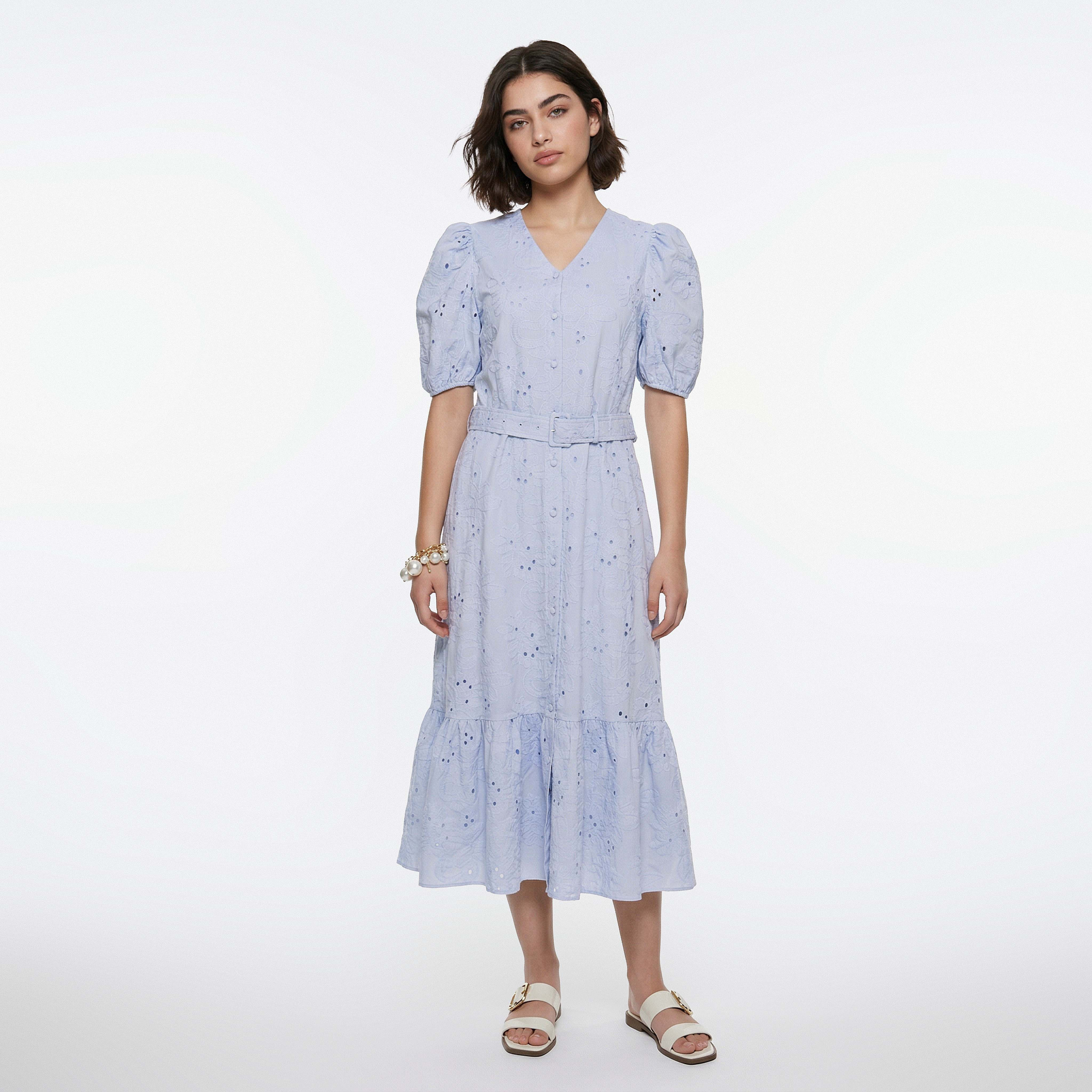 Tiered Midi Cotton Schiffli Embroidered Dress with Belt-women-clothing-dresses-image-3