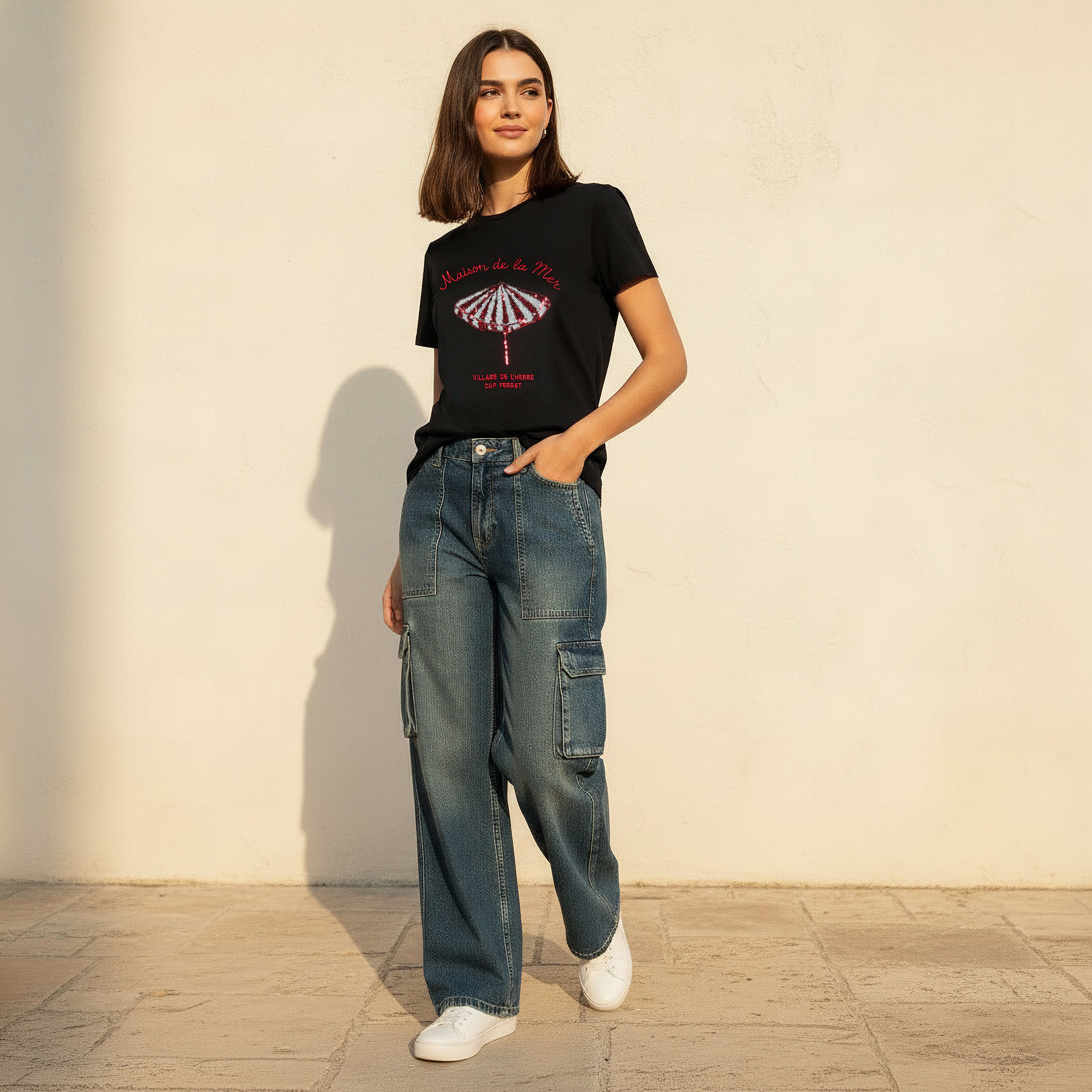 Cotton T-shirt with Slogan Embroidery-women-clothing-tshirts-image-5