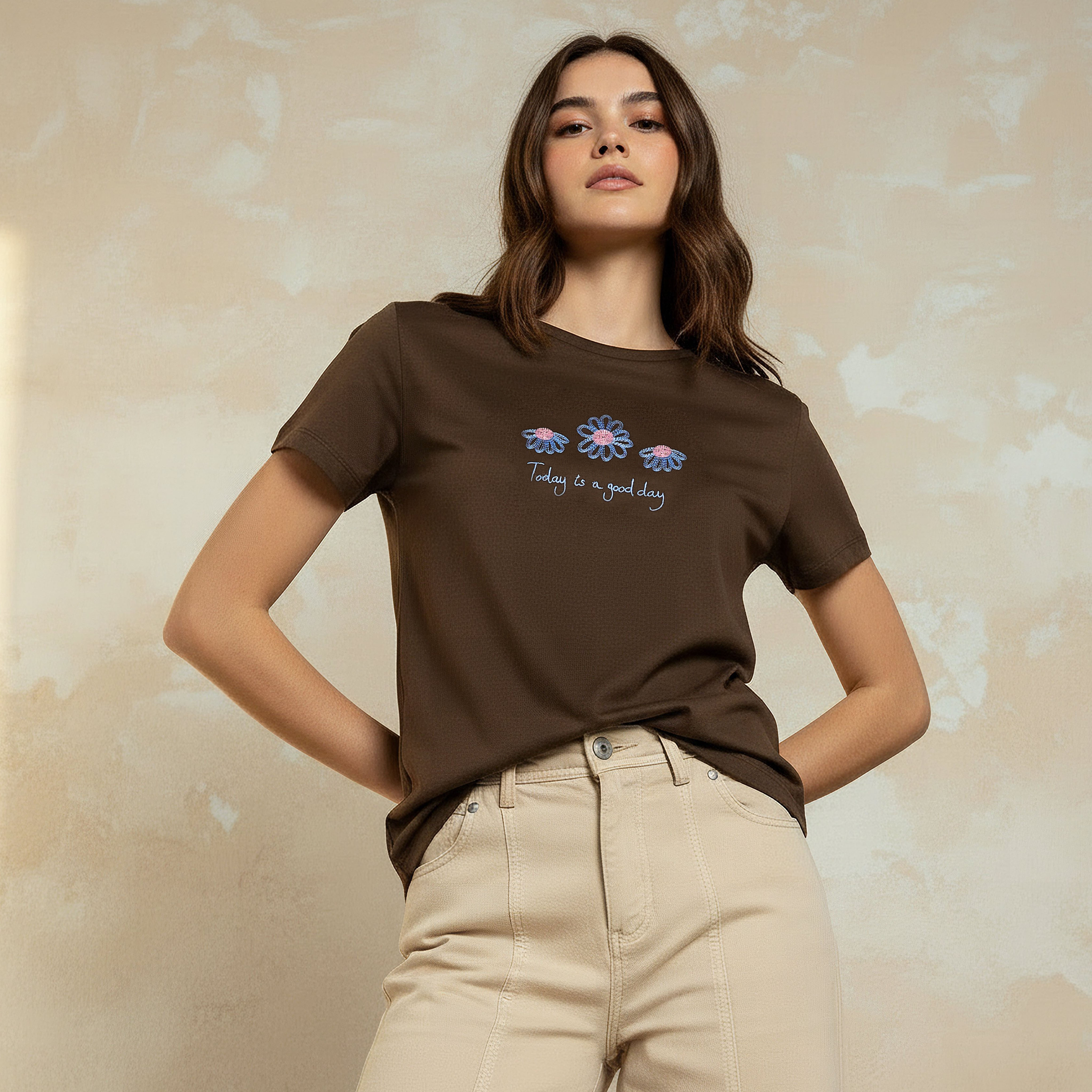 Cotton T-shirt with Slogan Embroidery-women-clothing-tshirts-image-1