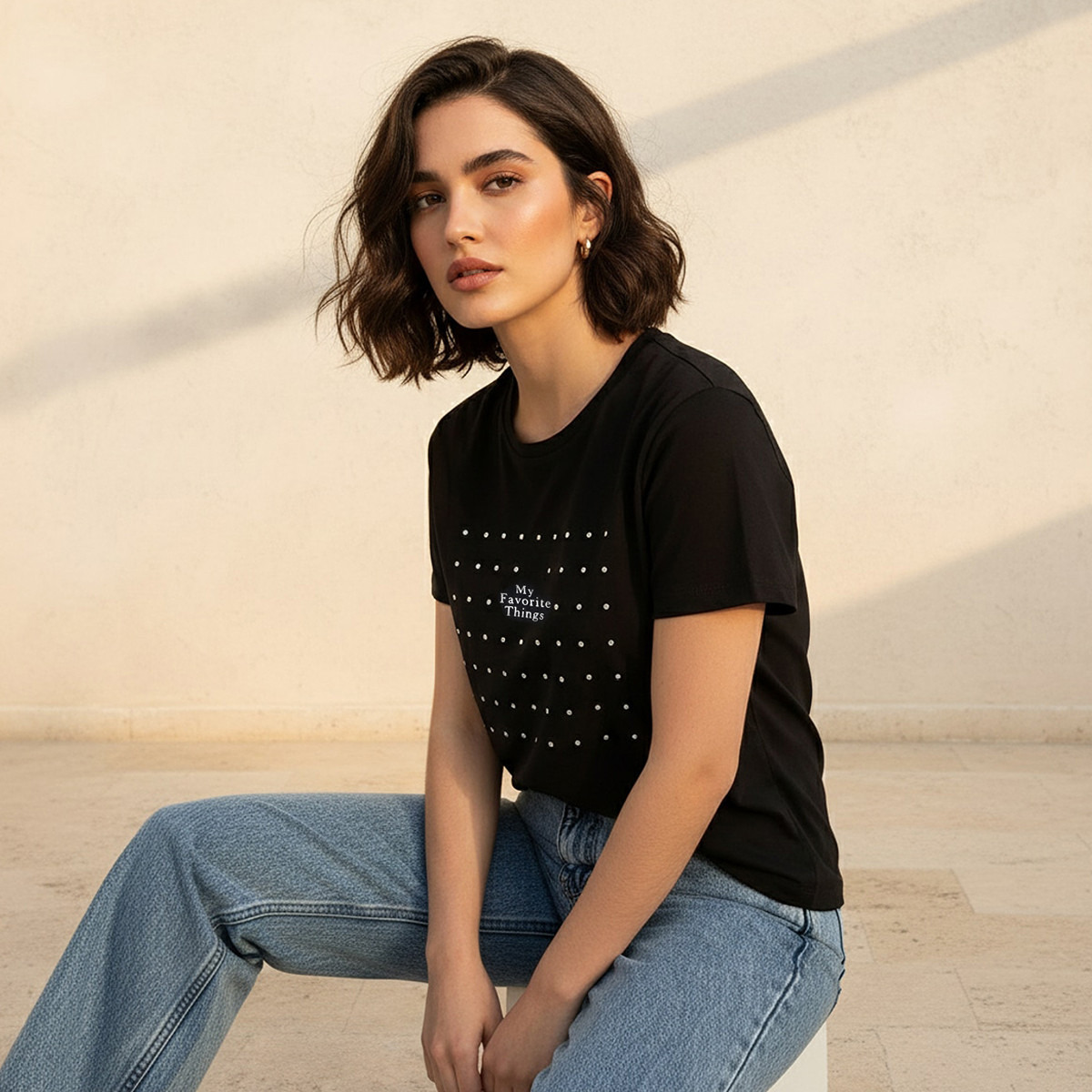 Cotton T-shirt with Slogan Print-women-clothing-tshirts-image-5