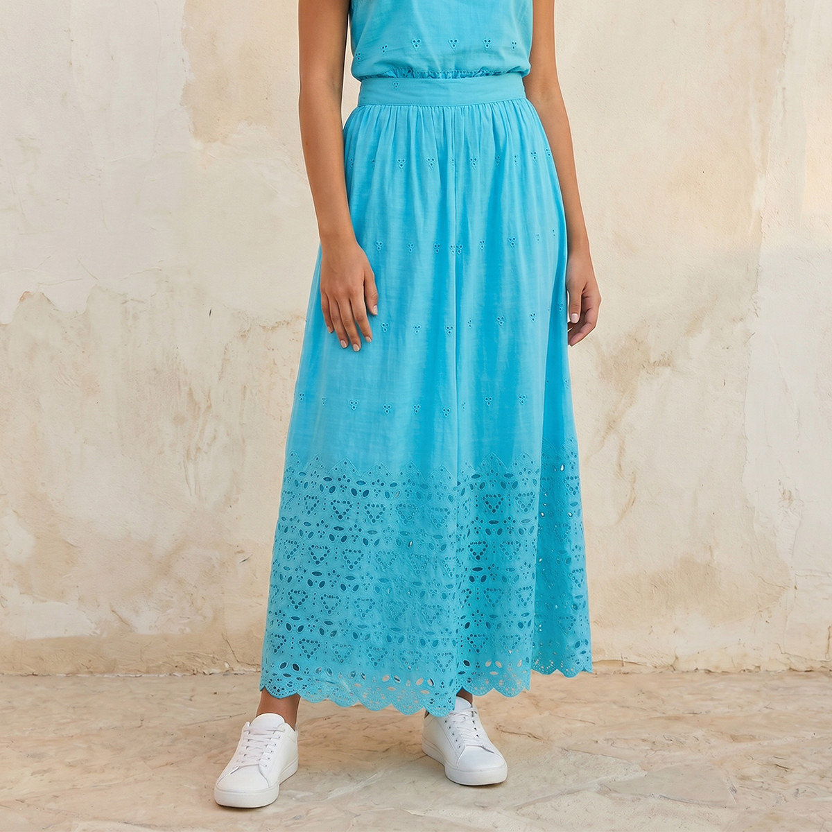 Splash Youth Maxi Cotton Embroidered Skirt with Scalloped Hem-women-clothing-skirts-image-1