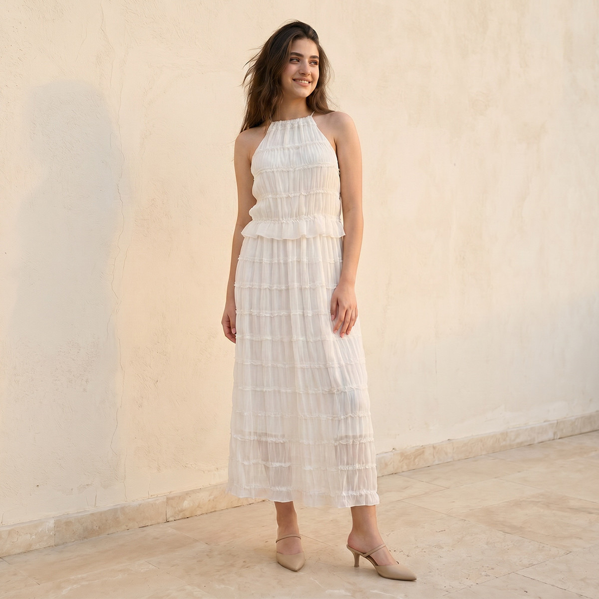 Ruffled A-line Women Dress with Halter Neck-women-clothing-dresses-image-1