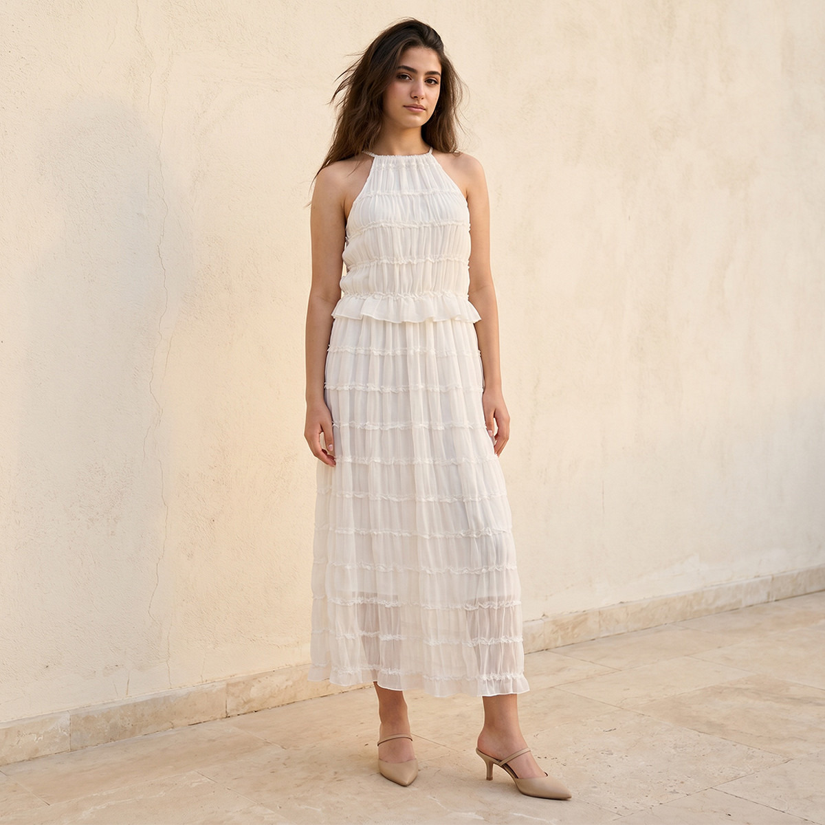 فستان إيه لاين نسائي بياقة هالتر وكشكش-women-clothing-dresses-image-3