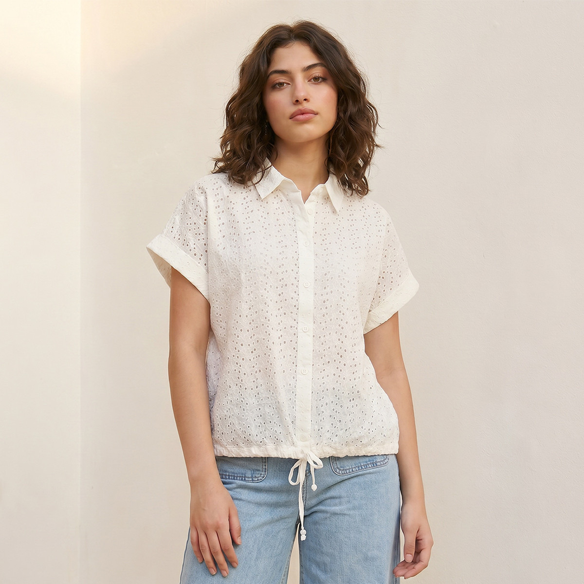 Splash Youth Cotton Shirt with Schiffli Texture-women-clothing-shirtsandblouses-shirts-image-1