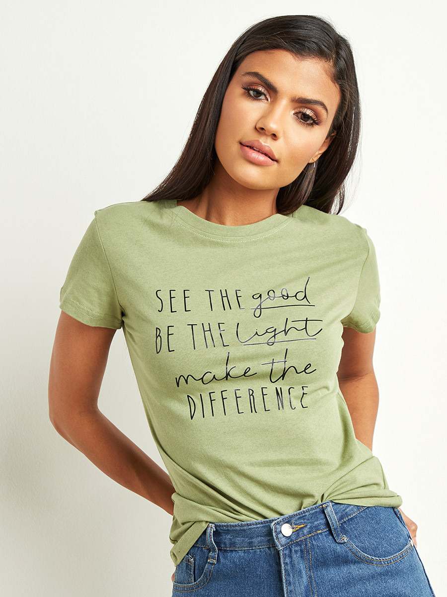 Styli Make The Difference Slogan Printed T-shirt with Short Sleeves-women-clothing-tshirts-image-1