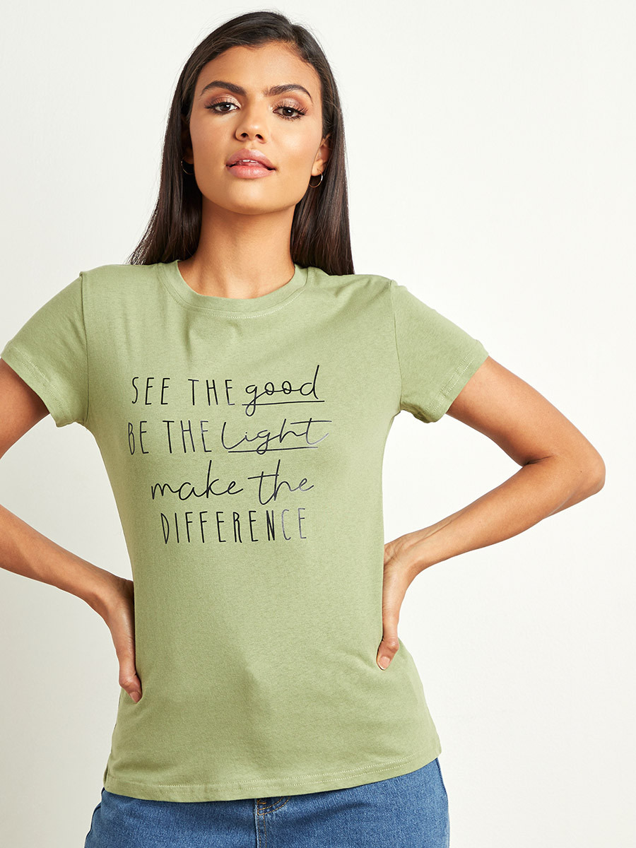 Styli Make The Difference Slogan Printed T-shirt with Short Sleeves-women-clothing-tshirts-image-2