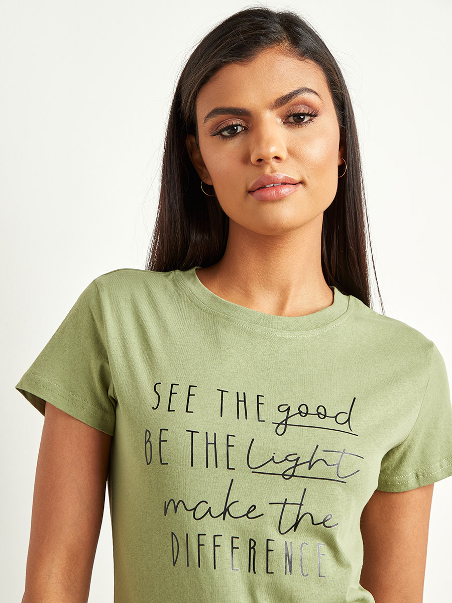 Styli Make The Difference Slogan Printed T-shirt with Short Sleeves-women-clothing-tshirts-image-5