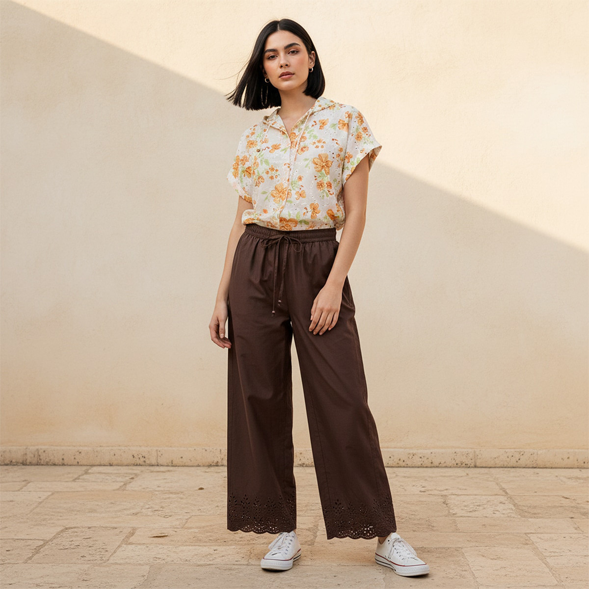 بنطلون قطن واسع الساقين بخصر برباط يوث من سبلاش-women-clothing-trousers-image-3