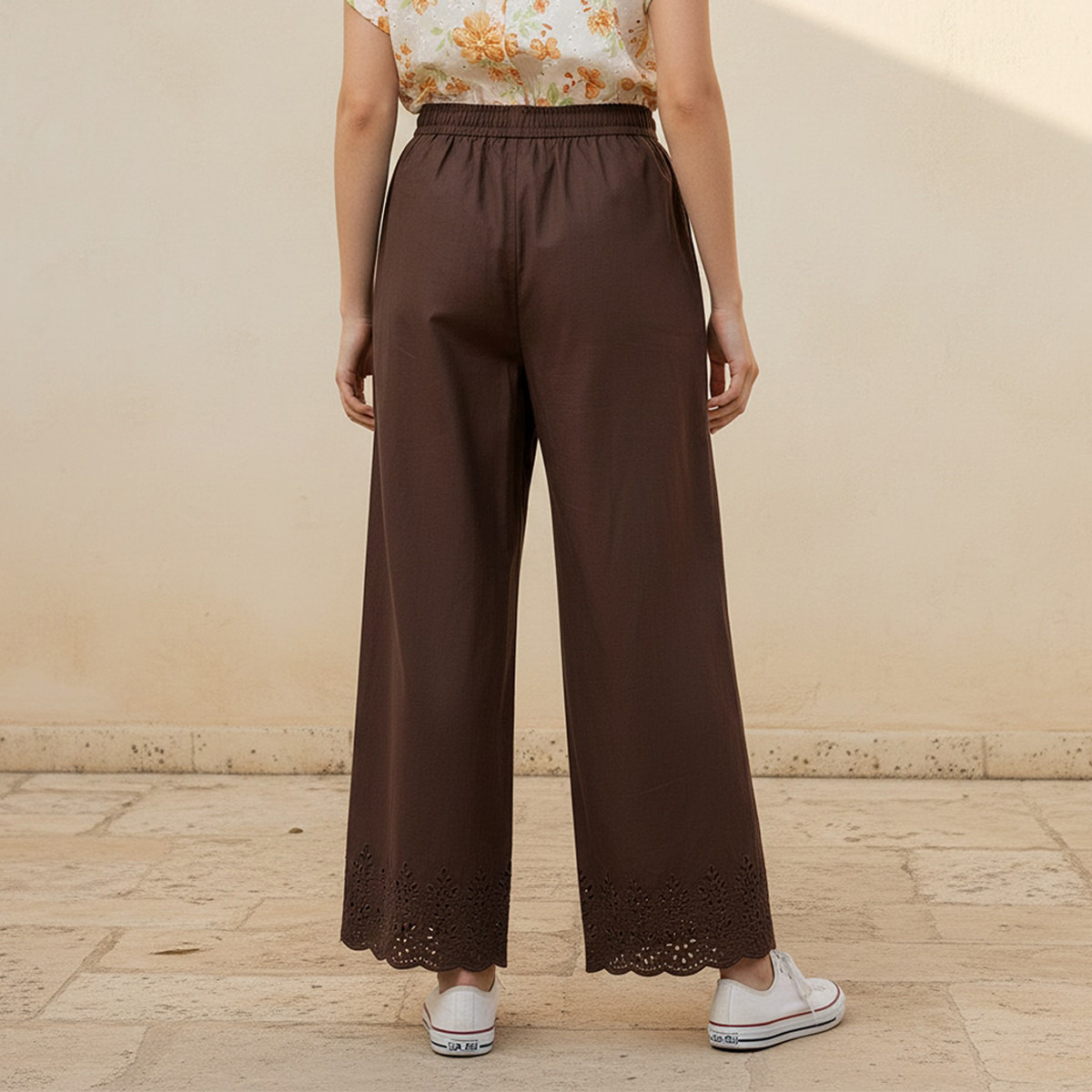 بنطلون قطن واسع الساقين بخصر برباط يوث من سبلاش-women-clothing-trousers-image-4