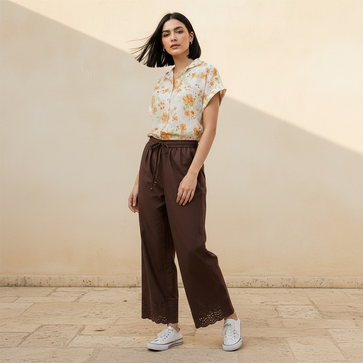 بنطلون قطن واسع الساقين بخصر برباط يوث من سبلاش-women-clothing-trousers-image-5