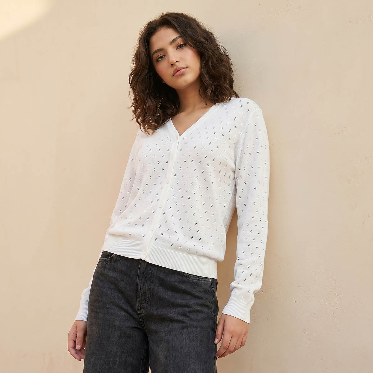 Textured V-neck Cardigan-women-winterwear-cardigansandjumpers-cardigans-image-5