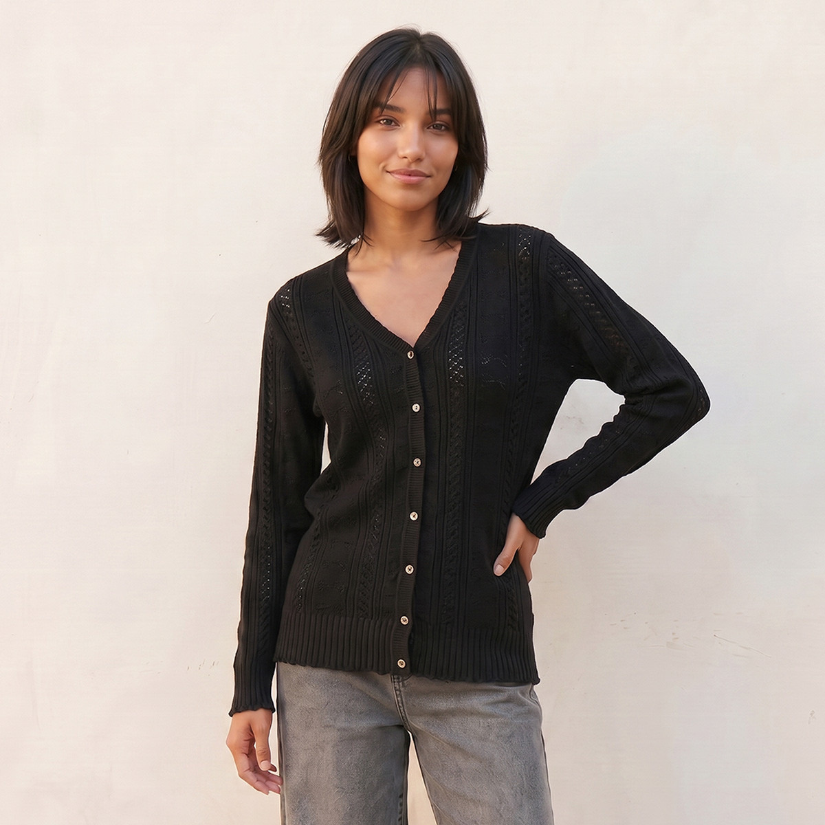 كارديجان بارز الملمس بياقة V من سبلاش يوث-women-winterwear-cardigansandjumpers-cardigans-image-1